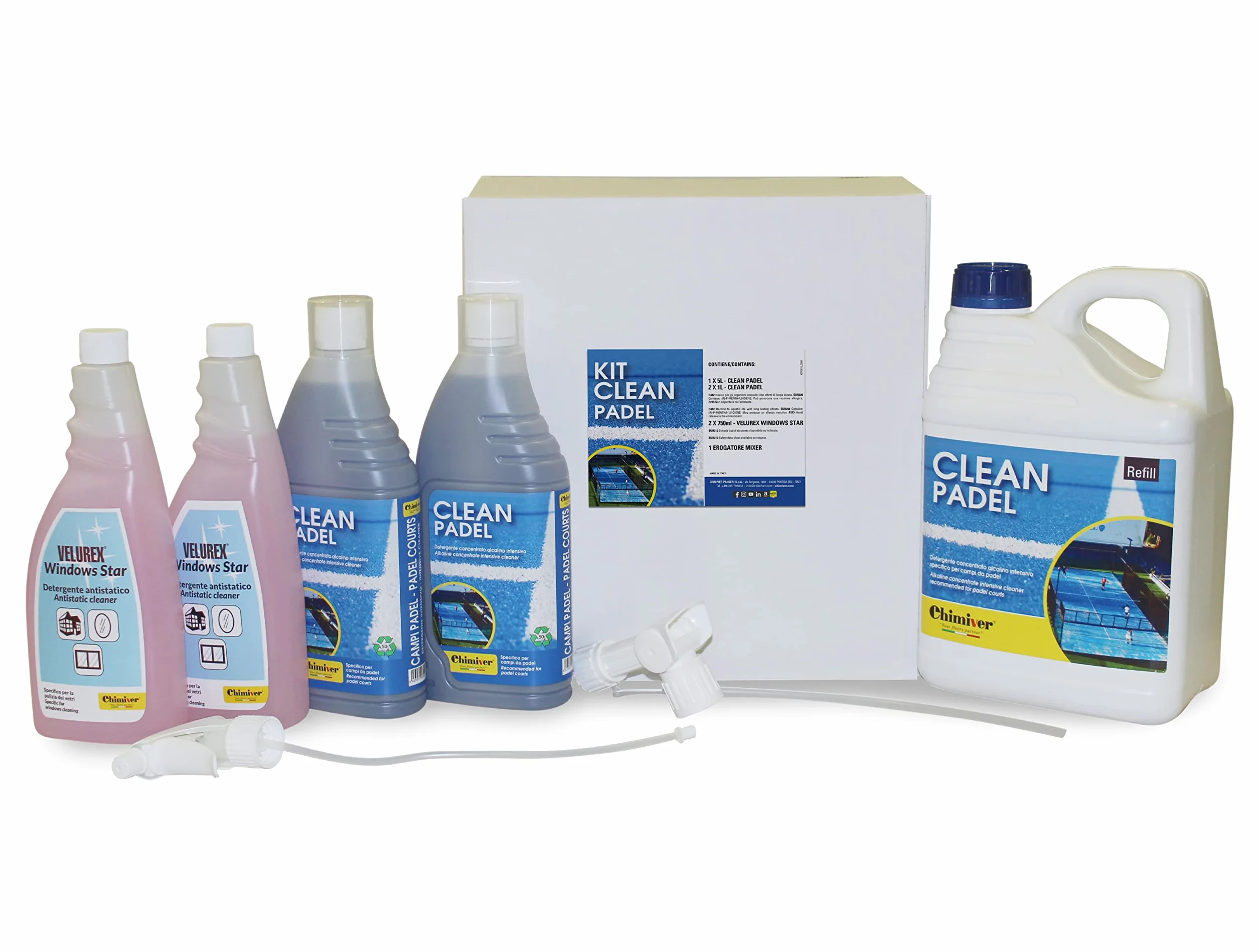 Chimiver Kit Clean Padel Set detergenza campi da Padel Windows Star detergente antistatico vetri 7L + 2x750ml