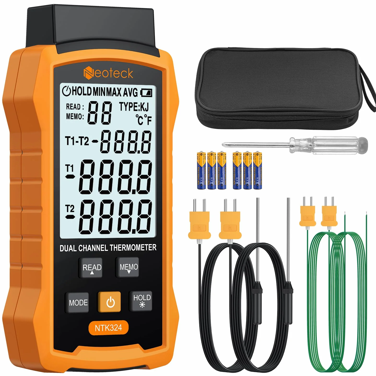 Neoteck Termometro a Doppio Termocoppia -50~1300℃ Digitale 2 Canali Tipo K/J con 4 Sonde, Memoria 99 Dati, Display LCD Retroilluminato per HVAC