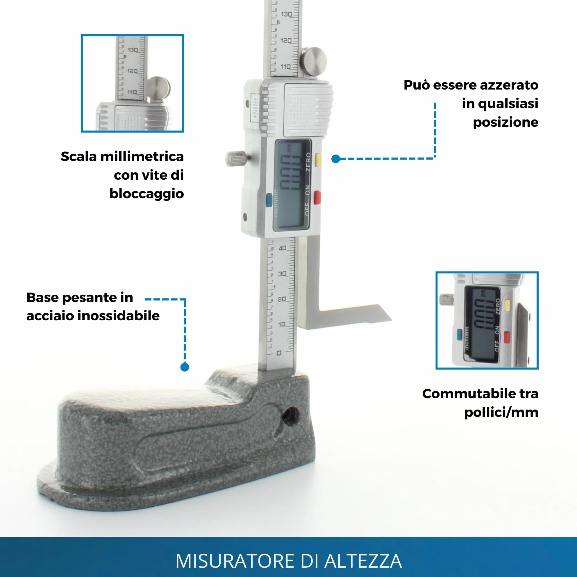 Calibro di altezza digitale hedue® - calibro di altezza con campo di misura 0-150 mm, calibro di altezza per la regolazione di lame e teste di fresatura