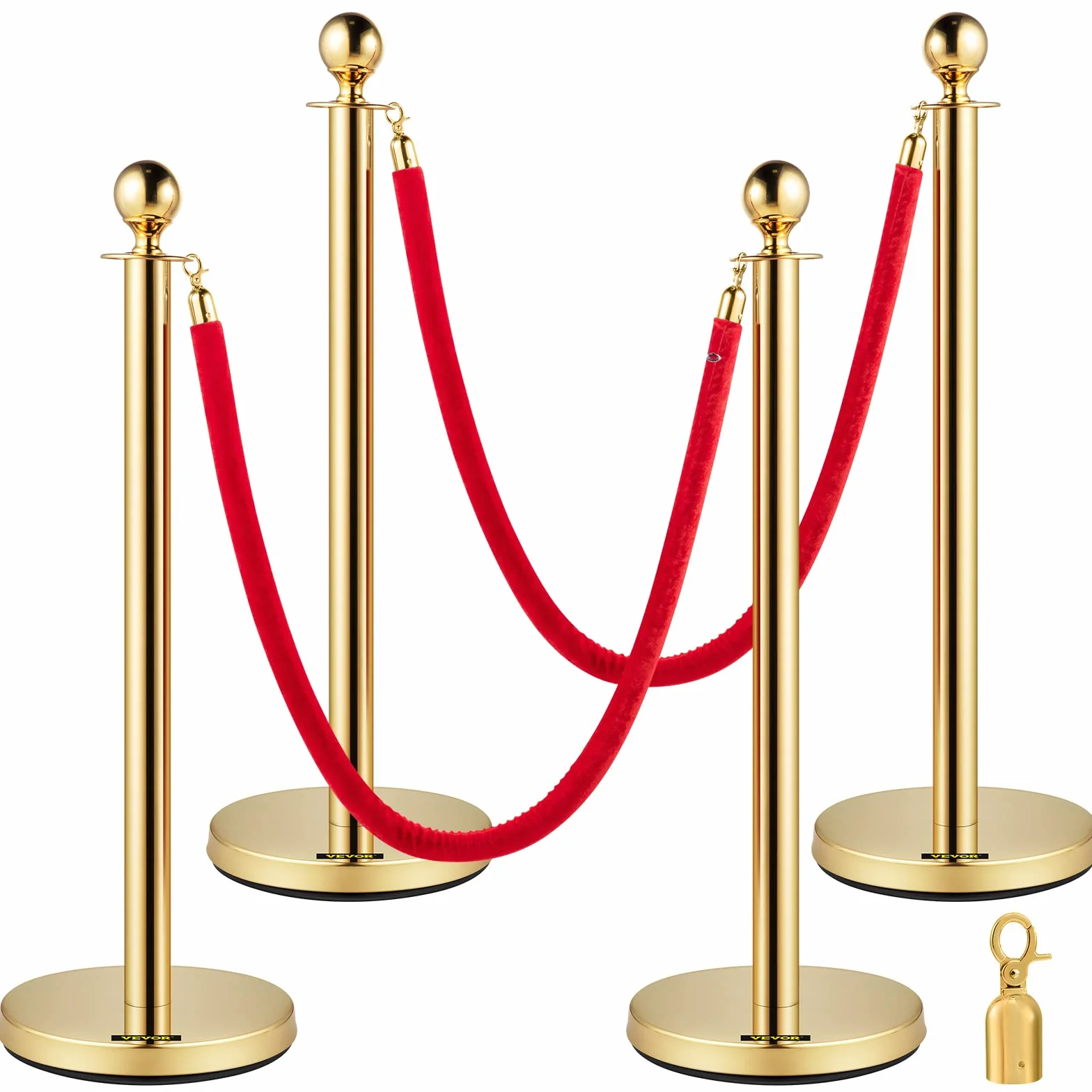 VEVOR Barriera per Il Controllo della Folla con Corda di Velluto Rosso, 4 Pezzi Corda da 1,5 m Barriere di Controllo della Folla Tondo Post Palo per Teatri, Hotel, Casinò, Biglietterie ed Eventi