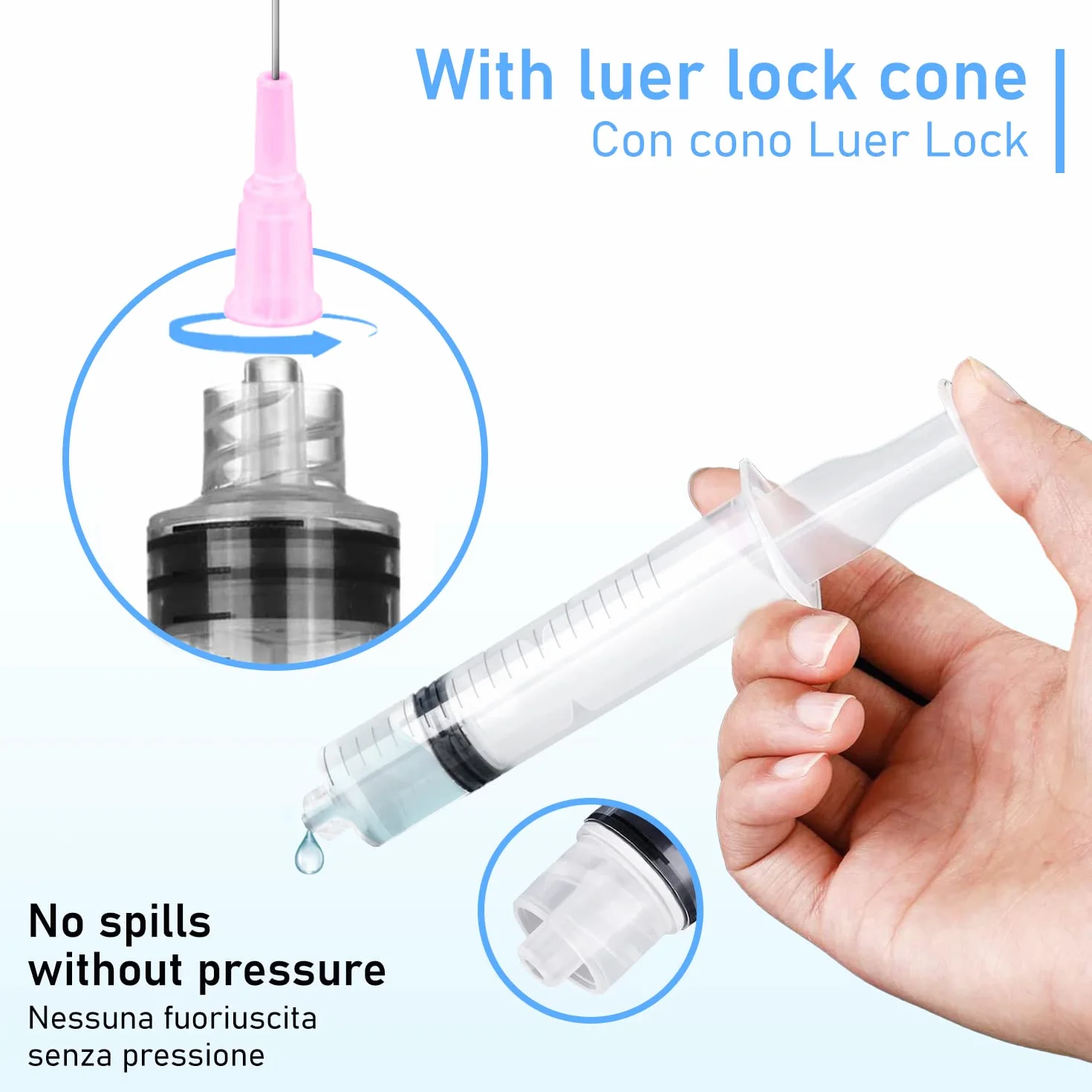 Siringa in plastica 10ml punta Luer Lock, confezione da 3pz siringhe di plastica, Ago 7 cm, per Laboratori Scientifici, Ricarica Inchiostro Cartucce stampante, per Animali Domestici, giardinaggio, ecc