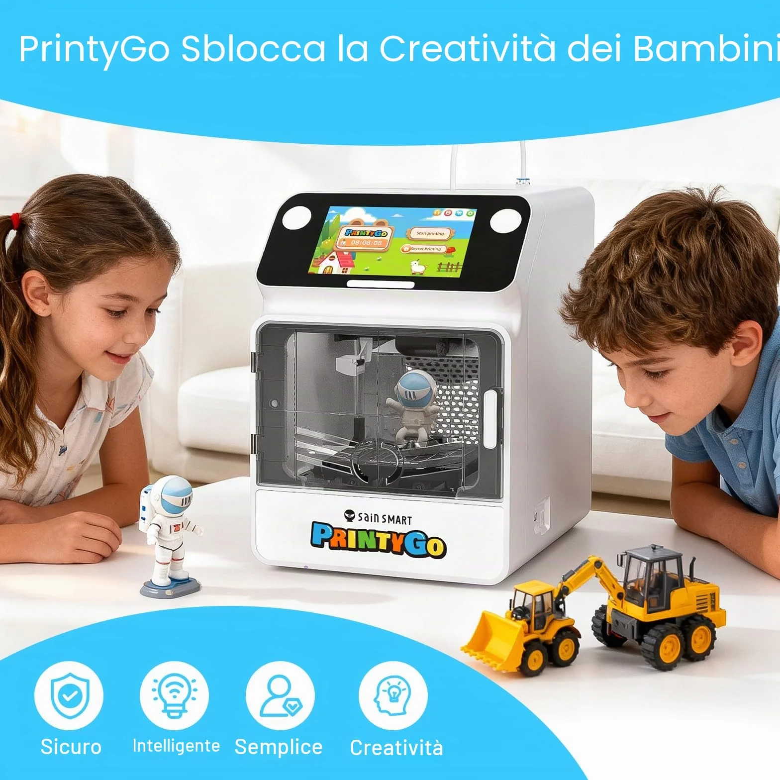Stampante 3D PrintyGo Mini per bambini, stampante autolivellante da 600 mm/s per principianti con touch screen da 5", design sicuro per bambini, controllo Wi-Fi/app, regalo di apprendimento STEM