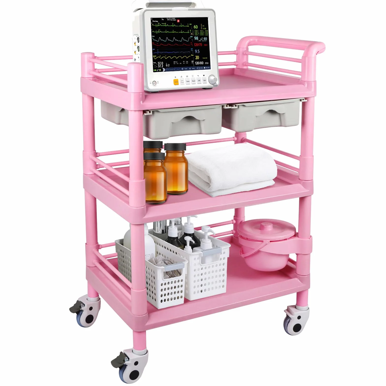 EBANKU Carrello medico mobile a 3 ripiani Carrello professionale con 2 cassetti e 1 cestino, carrello mobile per salone di bellezza con 4 ruote silenziose per laboratorio di clinica odontoiatrica