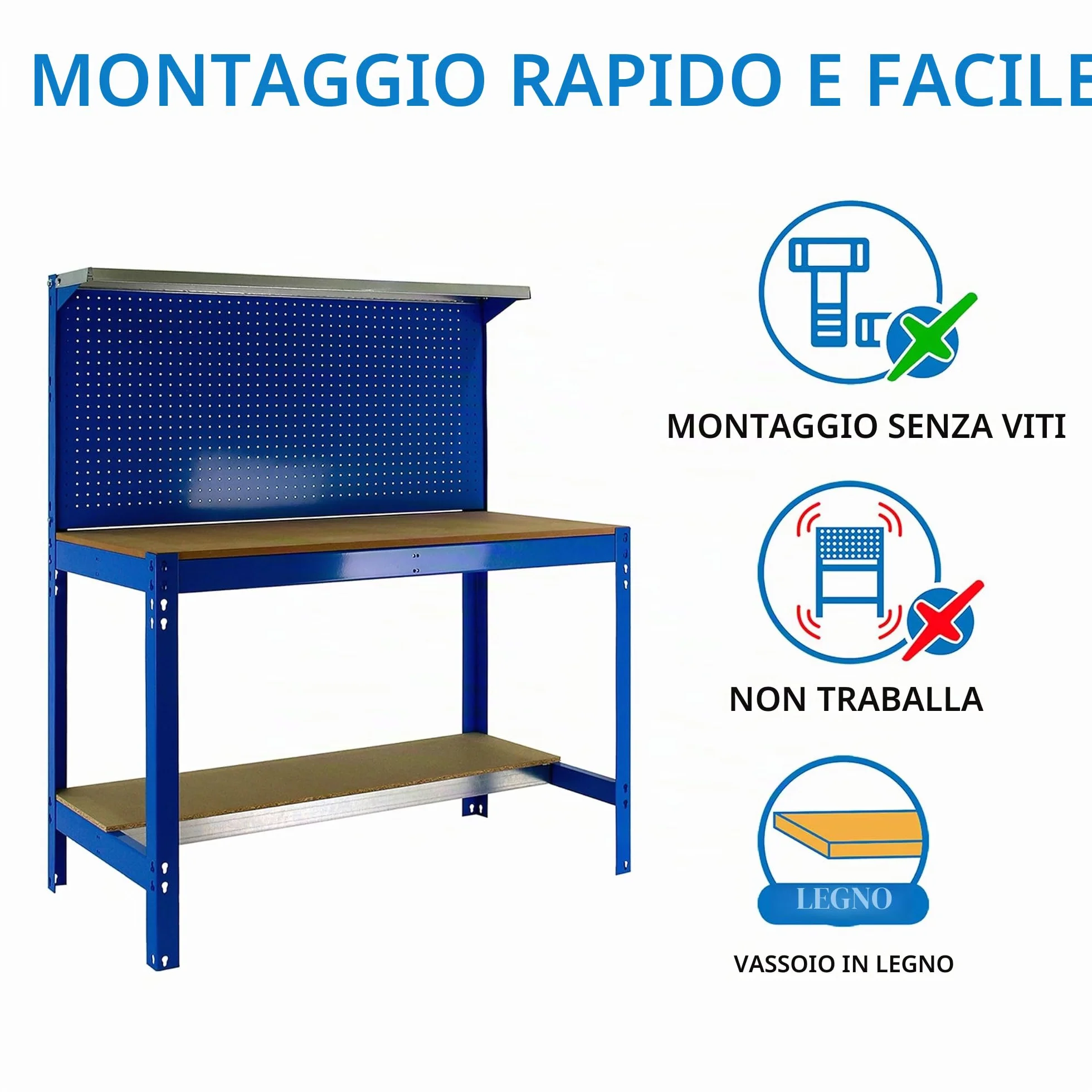 Simon Rack Banco da lavoro per officina, capacità di carico 600 kg, 1445x1210x610 mm, Pannello Forato, Ripiano per cassetti, Tavolo da lavoro fai da te, Blu/Legno - BT3