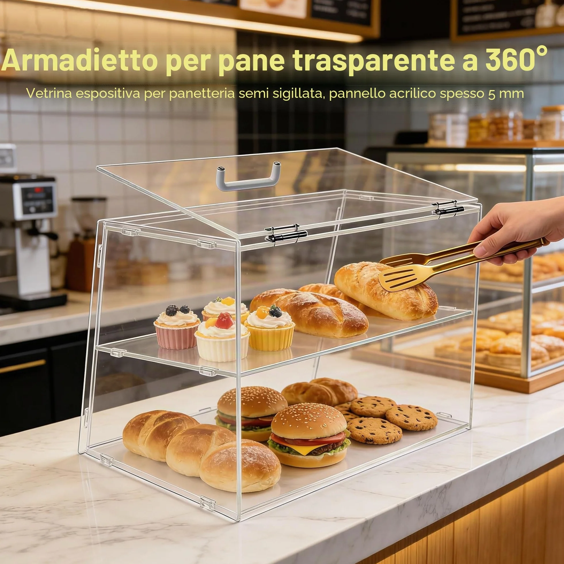 Vetrina a 2 ripiani per panetteria con sportello posteriore di sollevamento, vetrina per pasticceria, piano di lavoro da cucina, vetrina per alimenti in acrilico trasparente, mantiene freschi