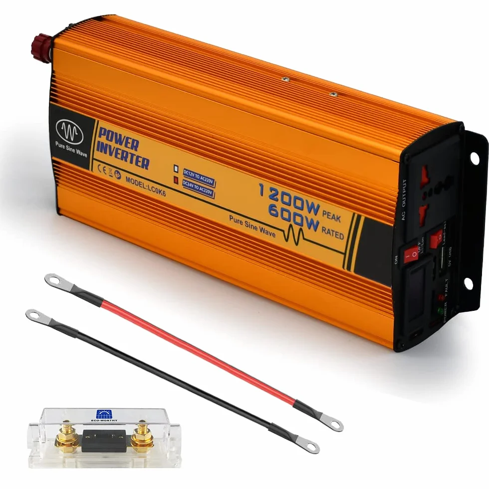 ECO-WORTHY Invertitore a energia solare da 600 W, 12 V, DC 12 V, AC 220 V, onda sinusoidale per auto, camper, caravan, campeggio e sistemi solare