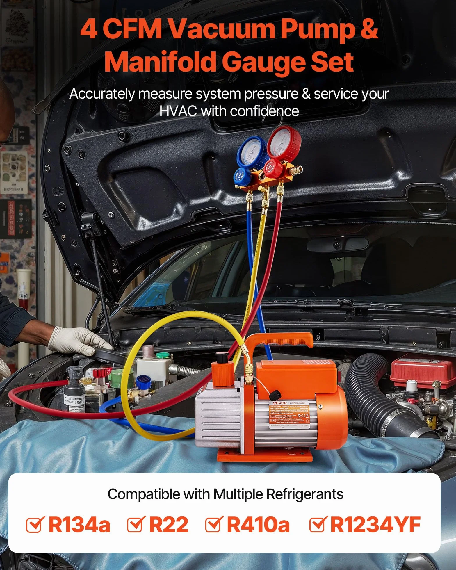 VEVOR Pompa a Vuoto Manometro 115 L/min per AC, Pompa per Vuoto a Palette Rotanti Monostadio per HVAC, Kit Manometro con Rilevatore di Perdite, Borsa per Trasporto, Kit per Aria Condizionata Auto