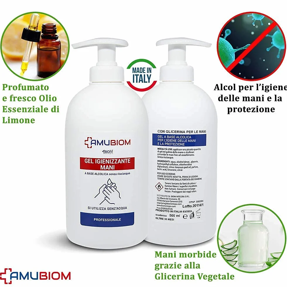 BioM Laboratorio della Natura - Gel Igienizzante Mani con 70% Alcool, Glicerina e Profumo di Limone - Antibatterico Senza Risciacquo, Idratante e Veloce Asciugatura - 2x500ml