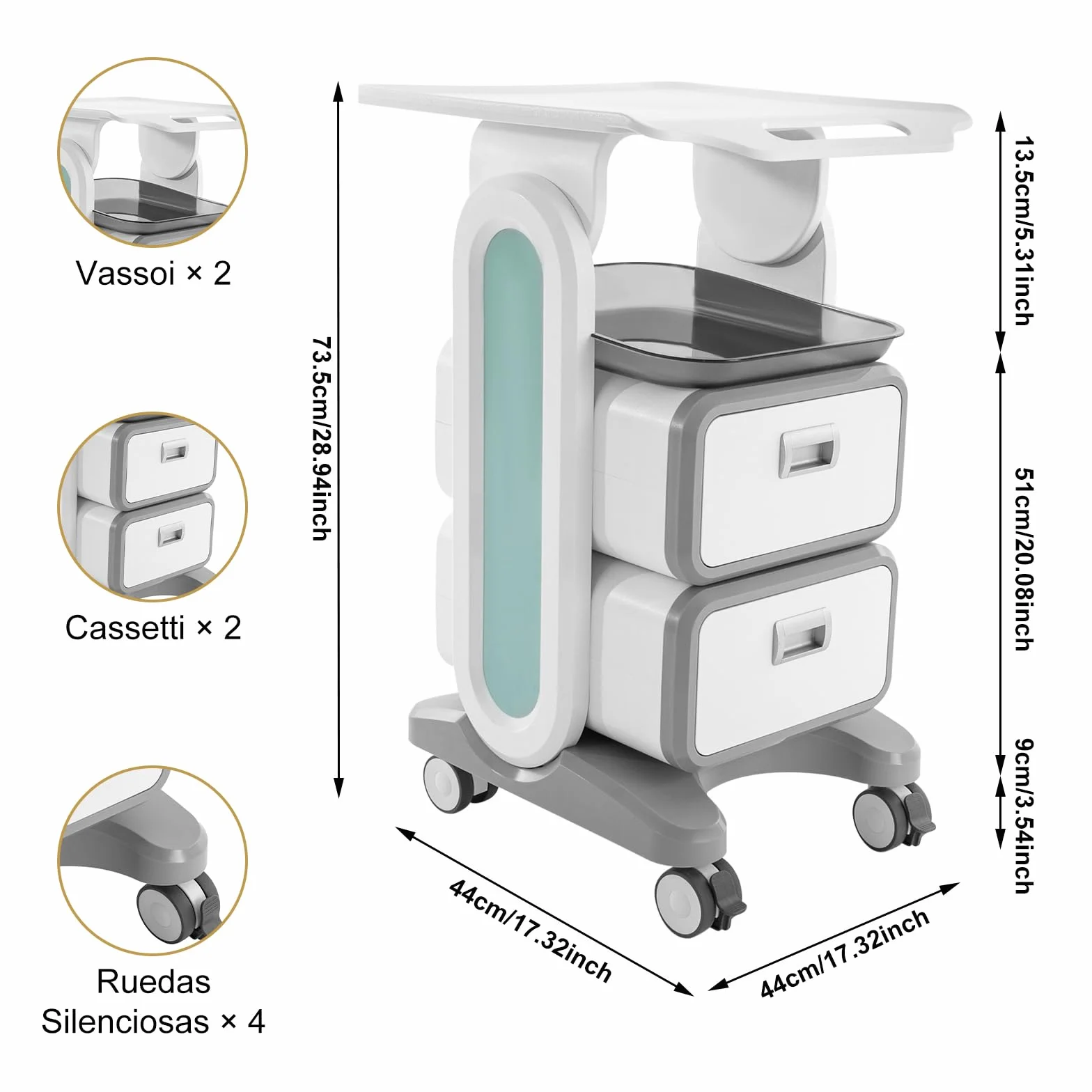 Carrello da Laboratorio 3 Ripiani Medico Mobile ABS 4 Ruote Silenziose Cassetti Vassoio