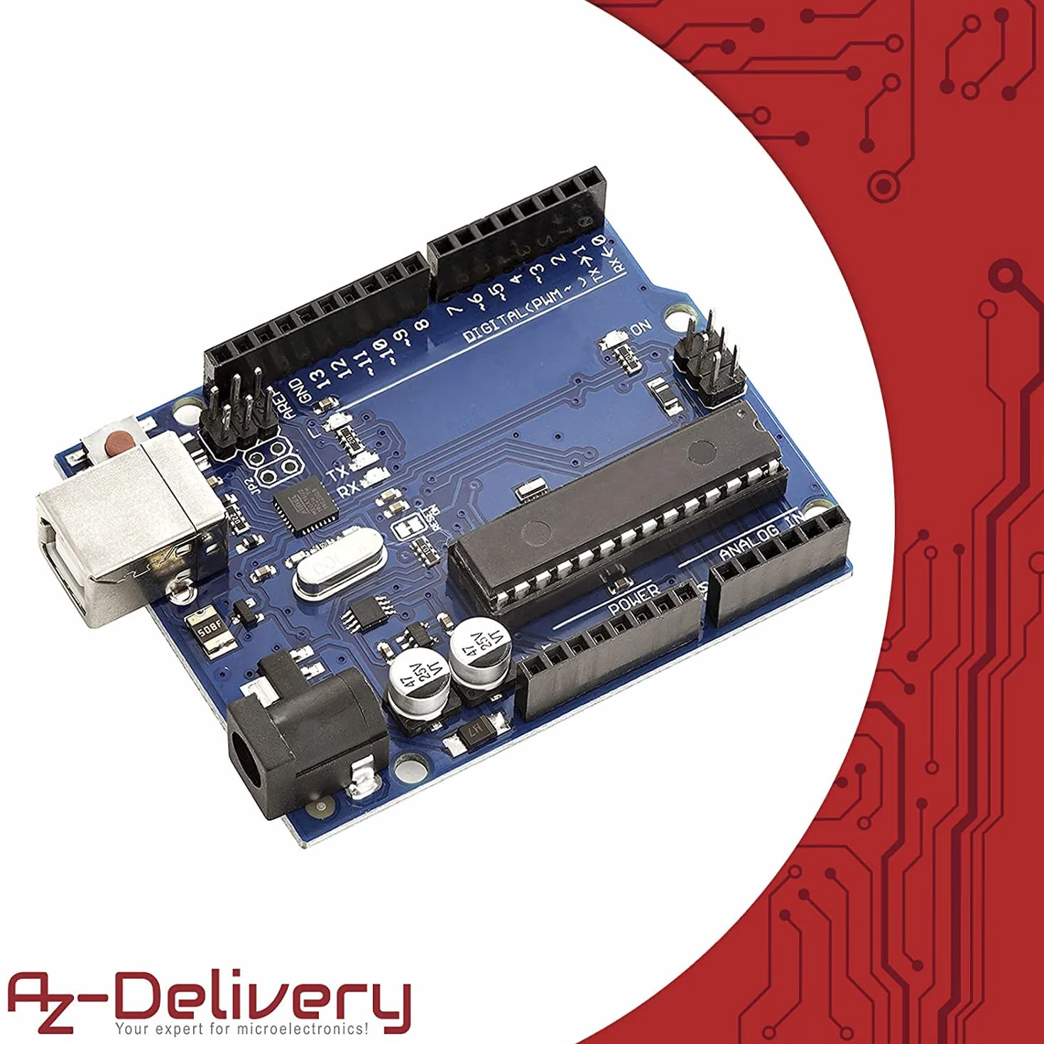 AZDelivery Scheda Microcontrollore AZ-ATmega328DIP-Board typ2 ATmega328P 16U2 con Cavo USB, E-Book incluso!