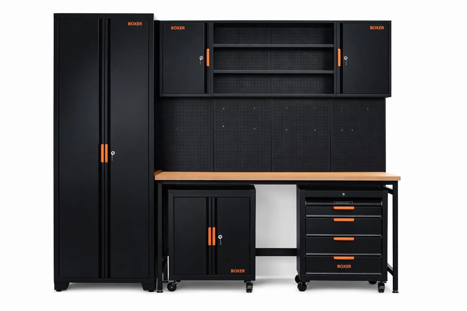 Set di postazione da lavoro Boxer® - Attrezzatura per officina - incluso banco da lavoro, armadio alto, armadio superiore, carrelli e pareti per utensili - piedini regolabili in altezza - per garage e