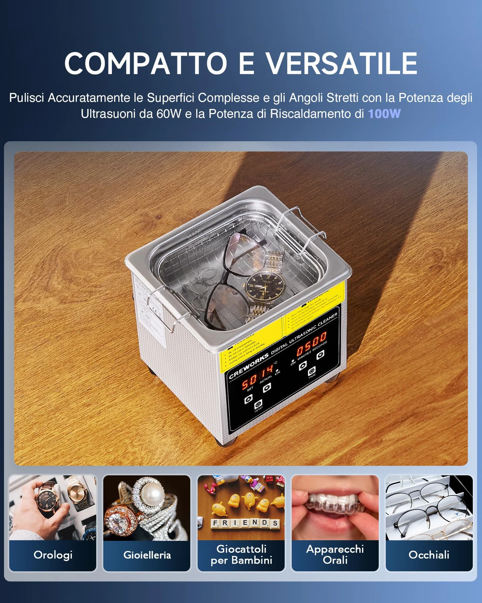 Pulitore Ultrasuoni Industriale 1L 50W Acciaio Inossidabile con Riscaldatore Timer Digitale