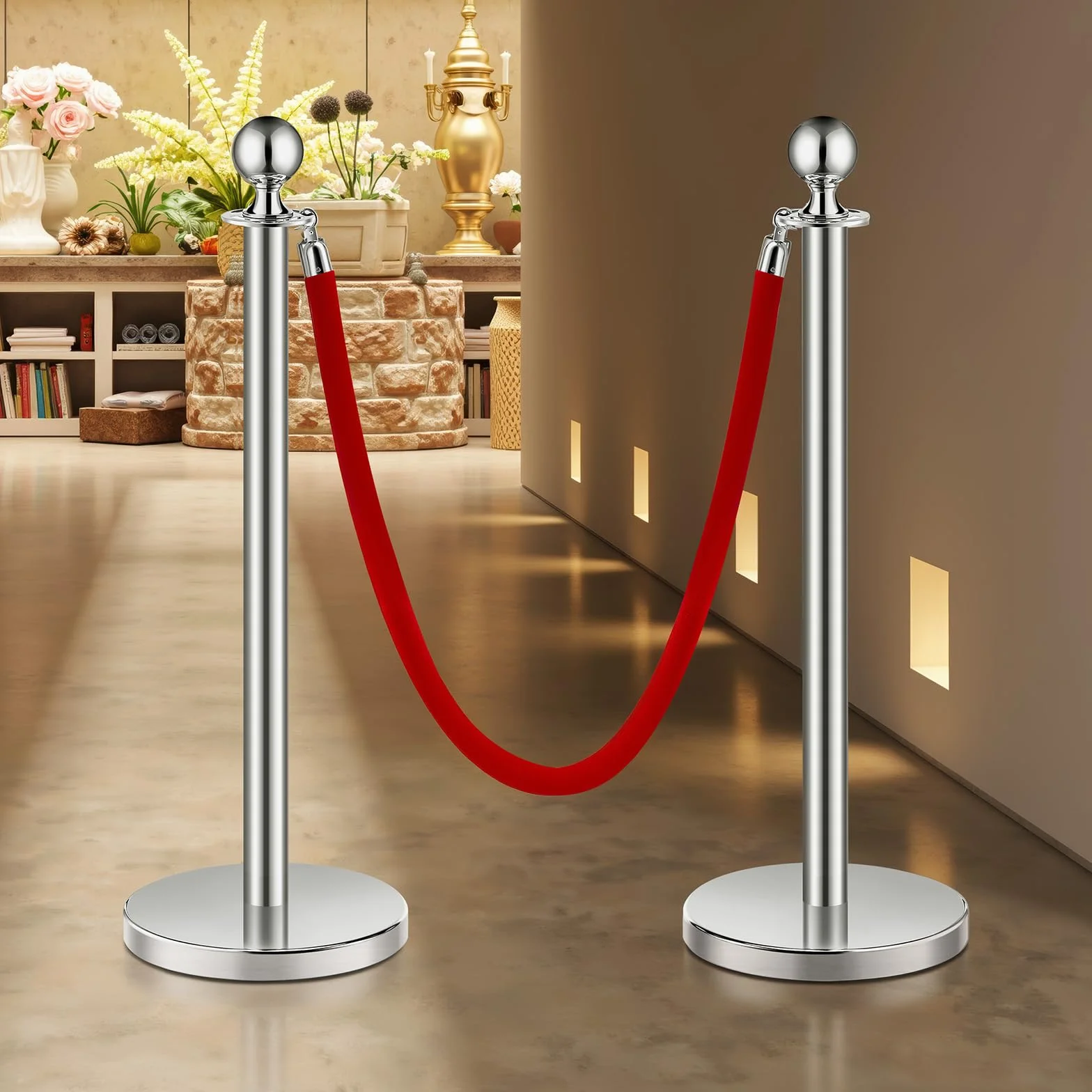 VEVOR Paletto di Sostegno Set di 4 Barriere Controllo Folla Corde Velluto Rosso Acciaio Inox 1,5 m Base Cava