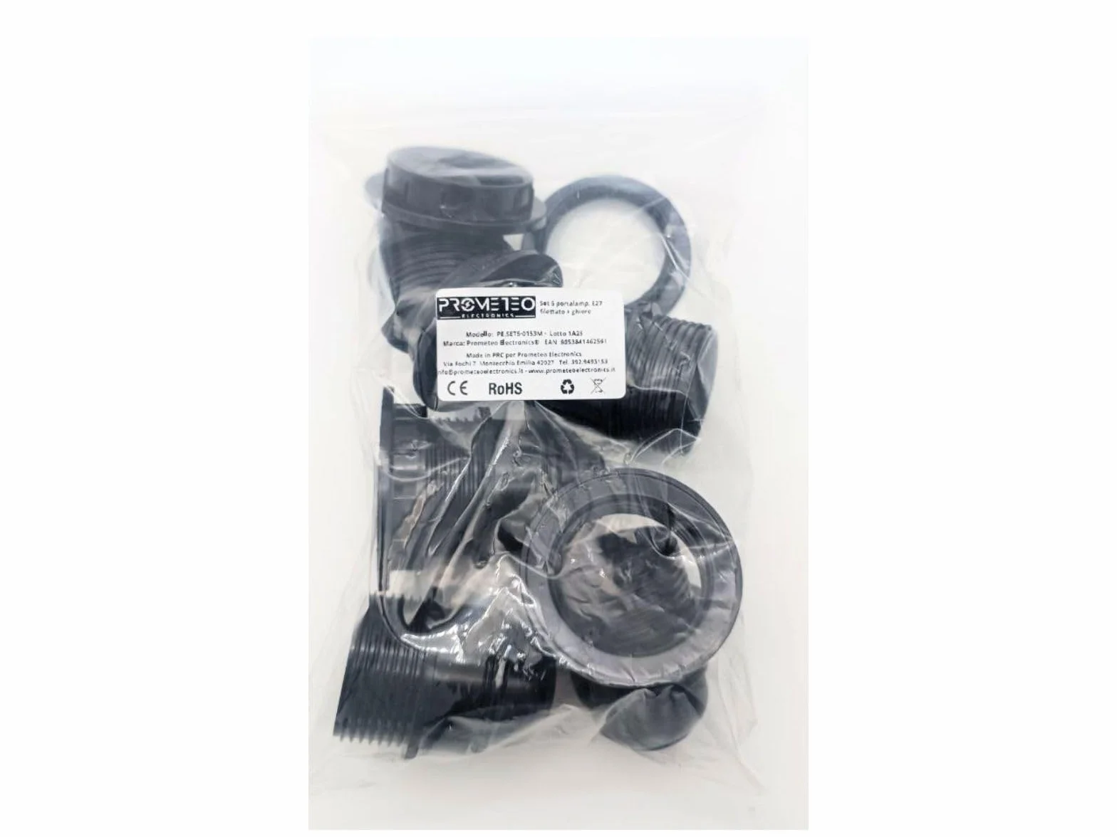 Set 5 Portalampade E27 parzialmente filettato con Nipple di blocco resistenti fino a 180° 4A 250V + 5 ghiere di bloccaggio paralume