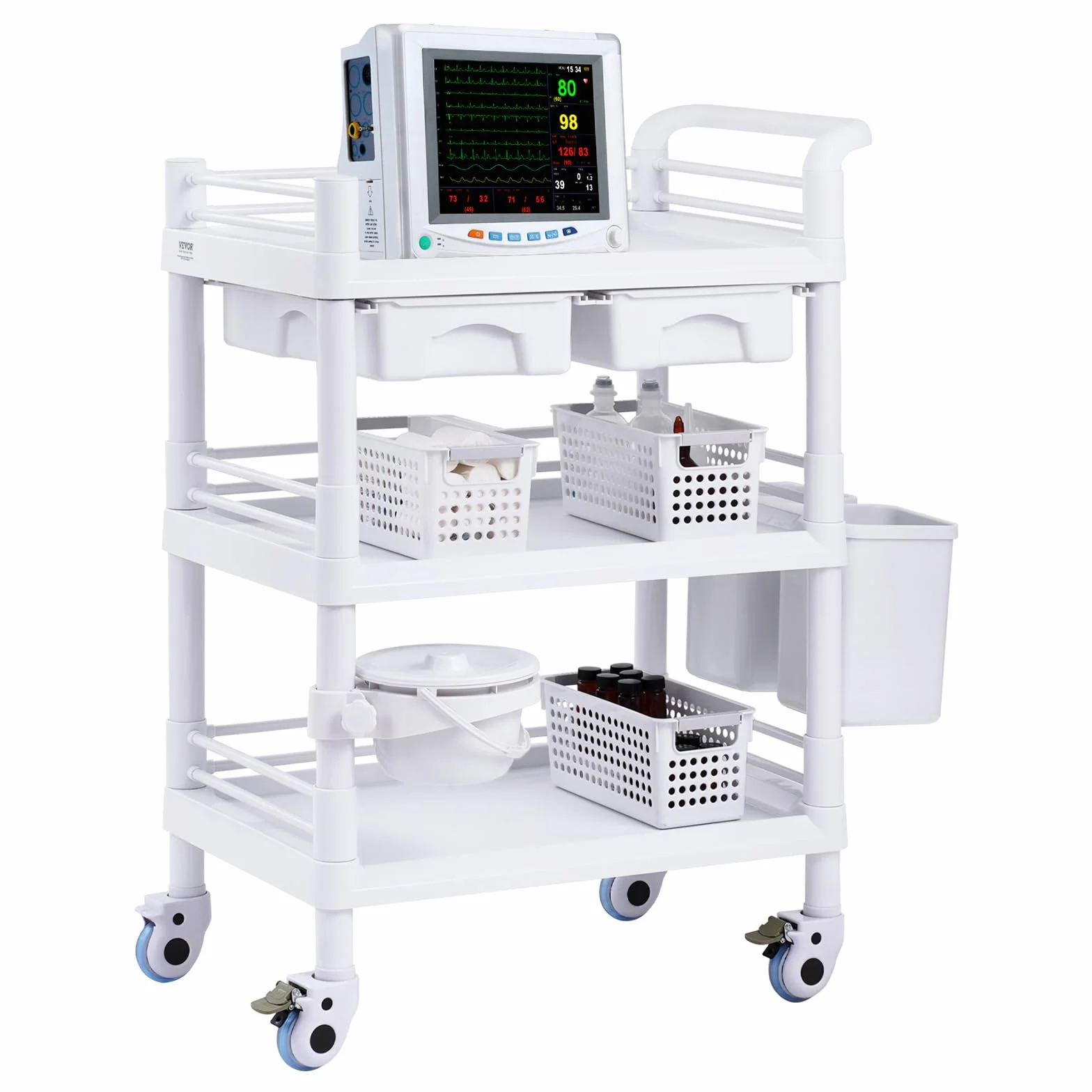 VEVOR Carrello da laboratorio a 3 livelli mobile, 3 vassoi, 4 ruote silenziose, per cura in PP, 3 pattumiere, laboratorio, clinica, ospedale, soggiorno, bianco