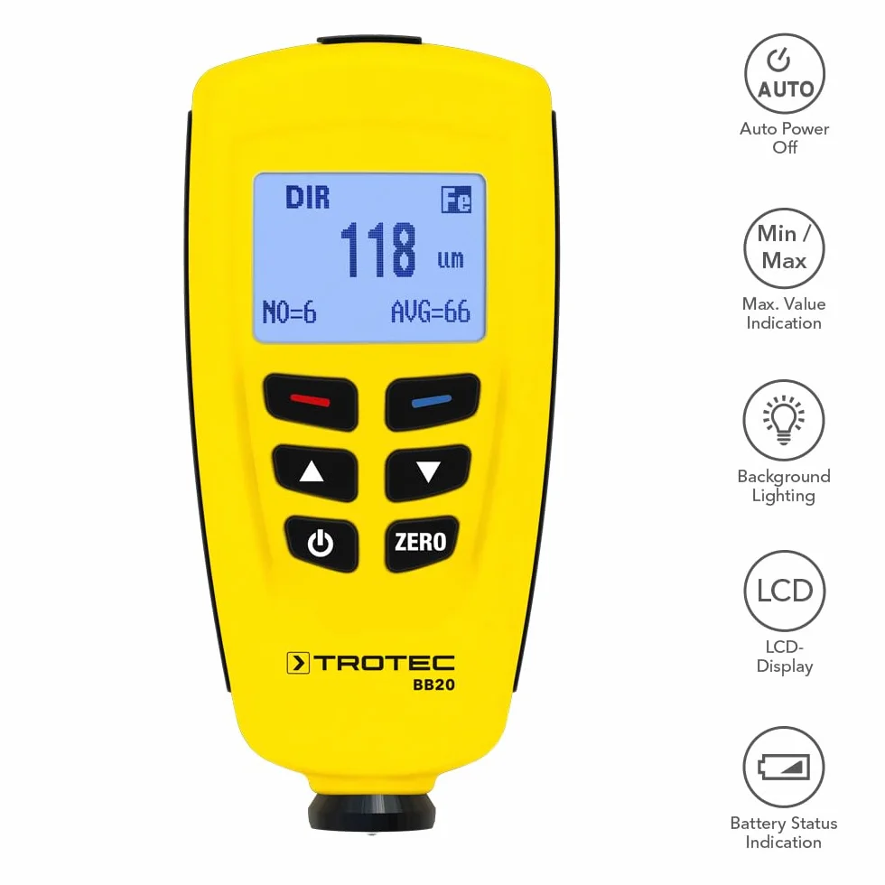 TROTEC BB20 Misuratore di Spessore del Rivestimento 0-1250 µm Memoria 400 Misurazioni USB