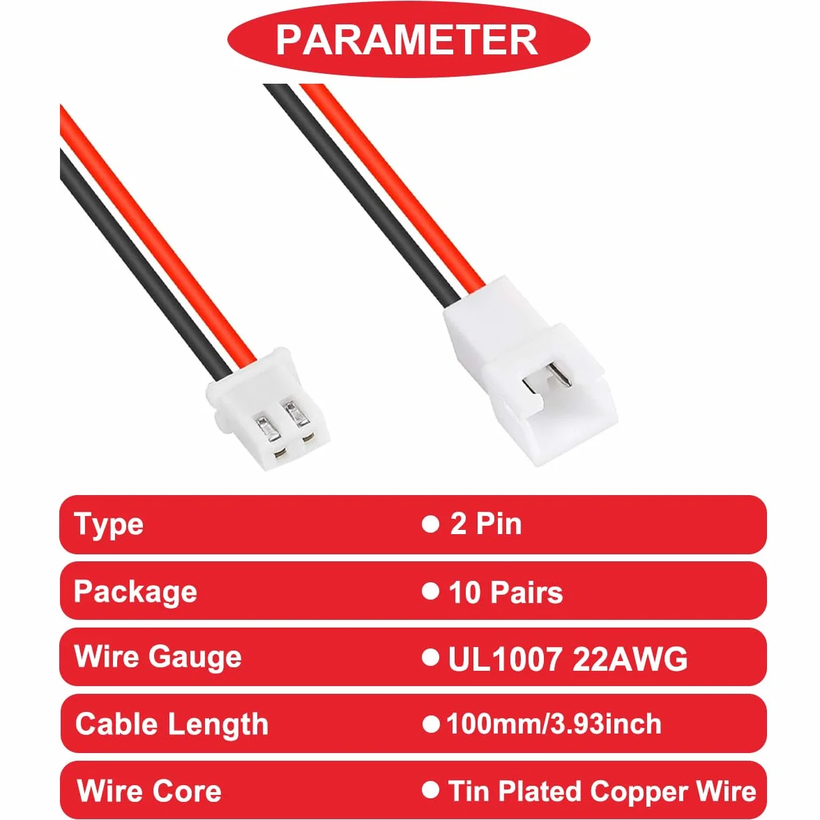 10 paia di cavi JST XH 2,54 mm 2 pin maschio e femmina con UL1007 22AWG 100 mm rosso nero cavo connettore filo e tubo termorestringente per minuscole prese terminali batteria drone luce