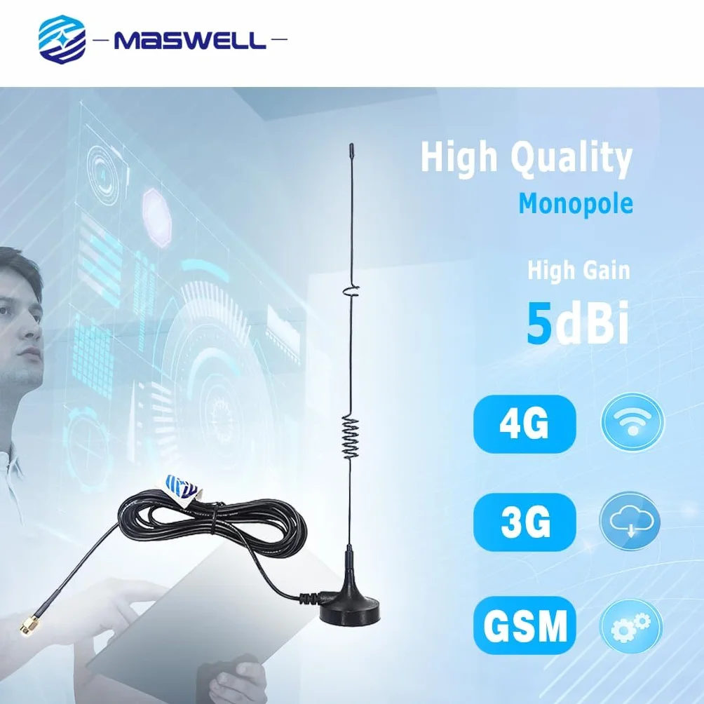 Maswell Cellulare 4G LTE 3G GSM Whip Antenna 800 900 1800 2100 MHz 5dBi Supporto Magnetico SMA Maschio Piccola Base Magnetica