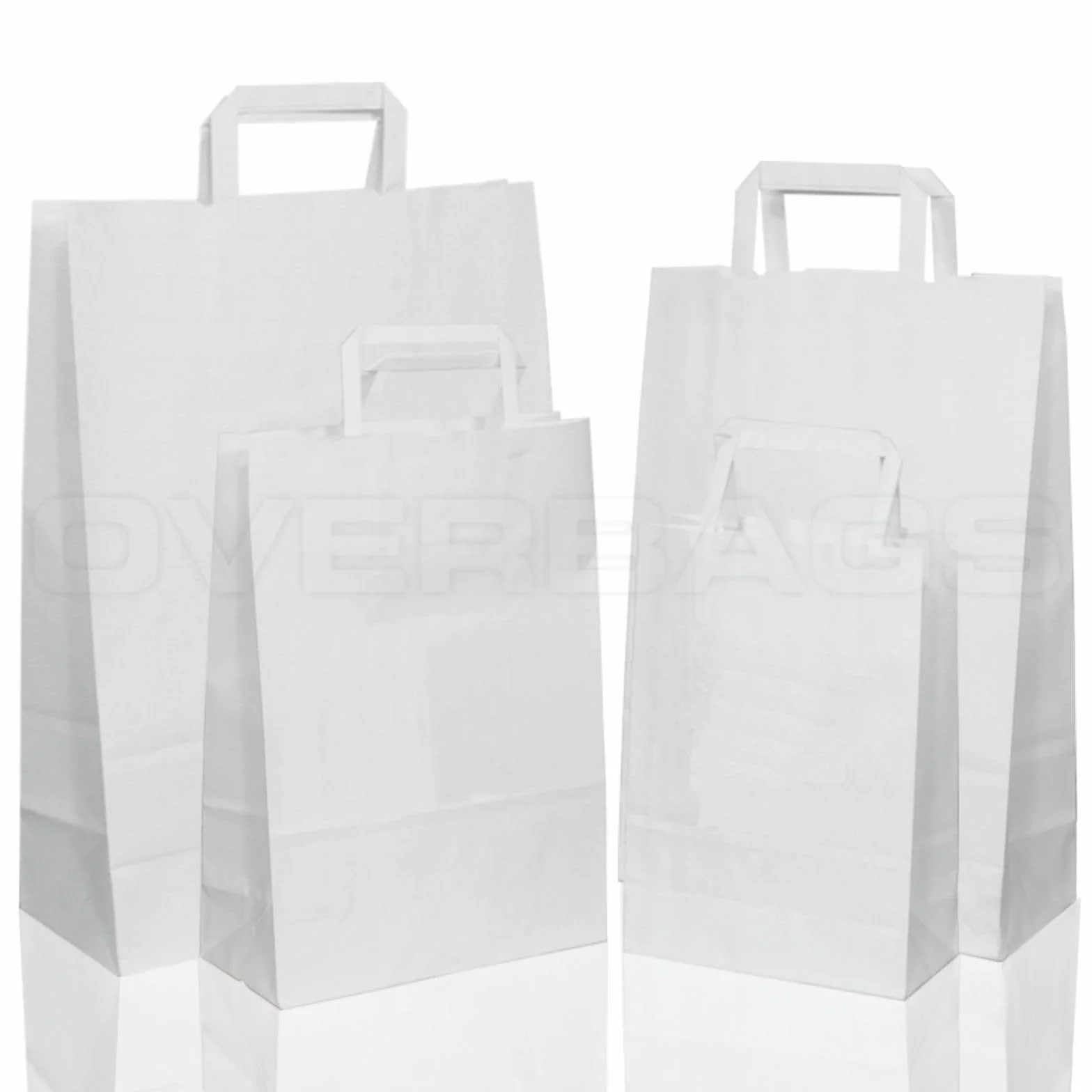 OVERBAGS - Borse shopper sacchetti di carta manico piattina colore bianco - Dimensione cm 27x12x36, Confezione pz 50