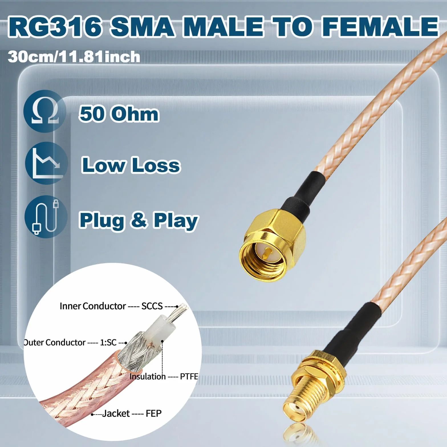 Bingfu Cavo SMA Prolunga Antenna 4G 5G 30cm Maschio Femmina Montaggio Paratia RG316 Coassiale 2 Pezzi