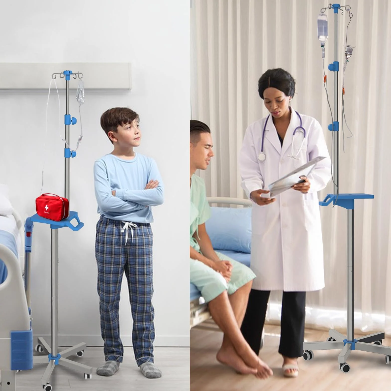Rolling IV Supporto con vassoio – Supporto IV in acciaio inox con 4 ganci, ruote e struttura regolabile in altezza per cliniche e a casa