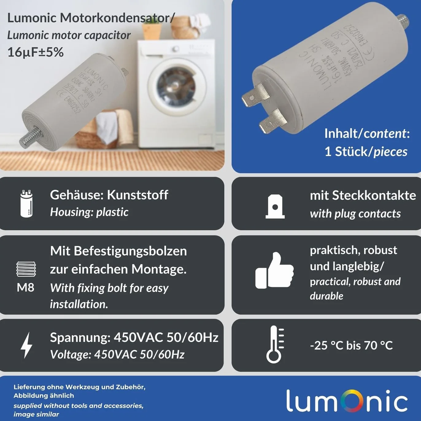 Lumonic Condensatore di avviamento 16µF 450V 34x70mm per pompe tosaerba utensili