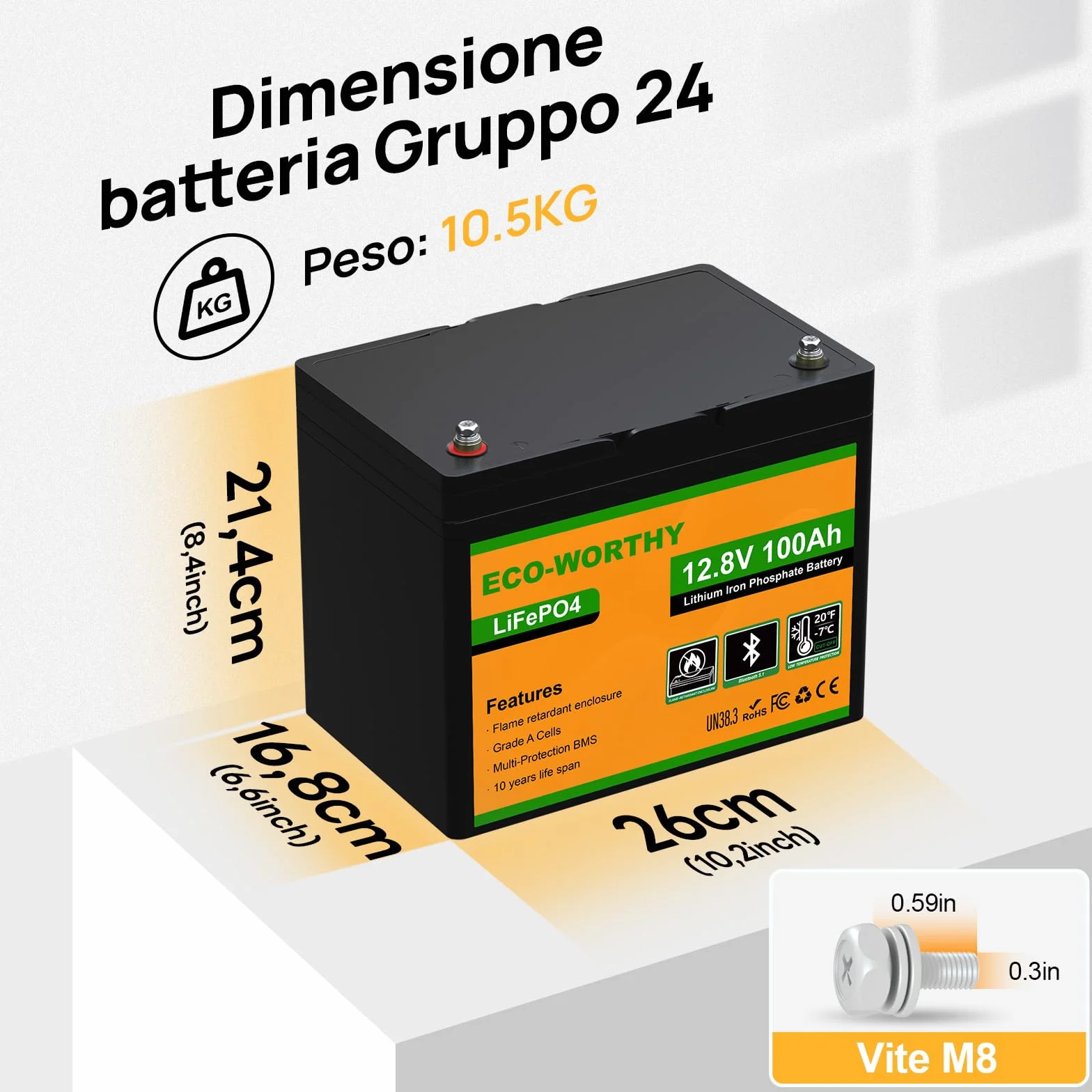 ECO-WORTHY LiFePO4 100 Ah Bluetooth, Batteria al Litio 12 V 100 Ah con Protezione BMS a Bassa Temperatura e max. 15000 Cicli, Batteria da 1280 Wh per Camper, Pannello Solare, Barca