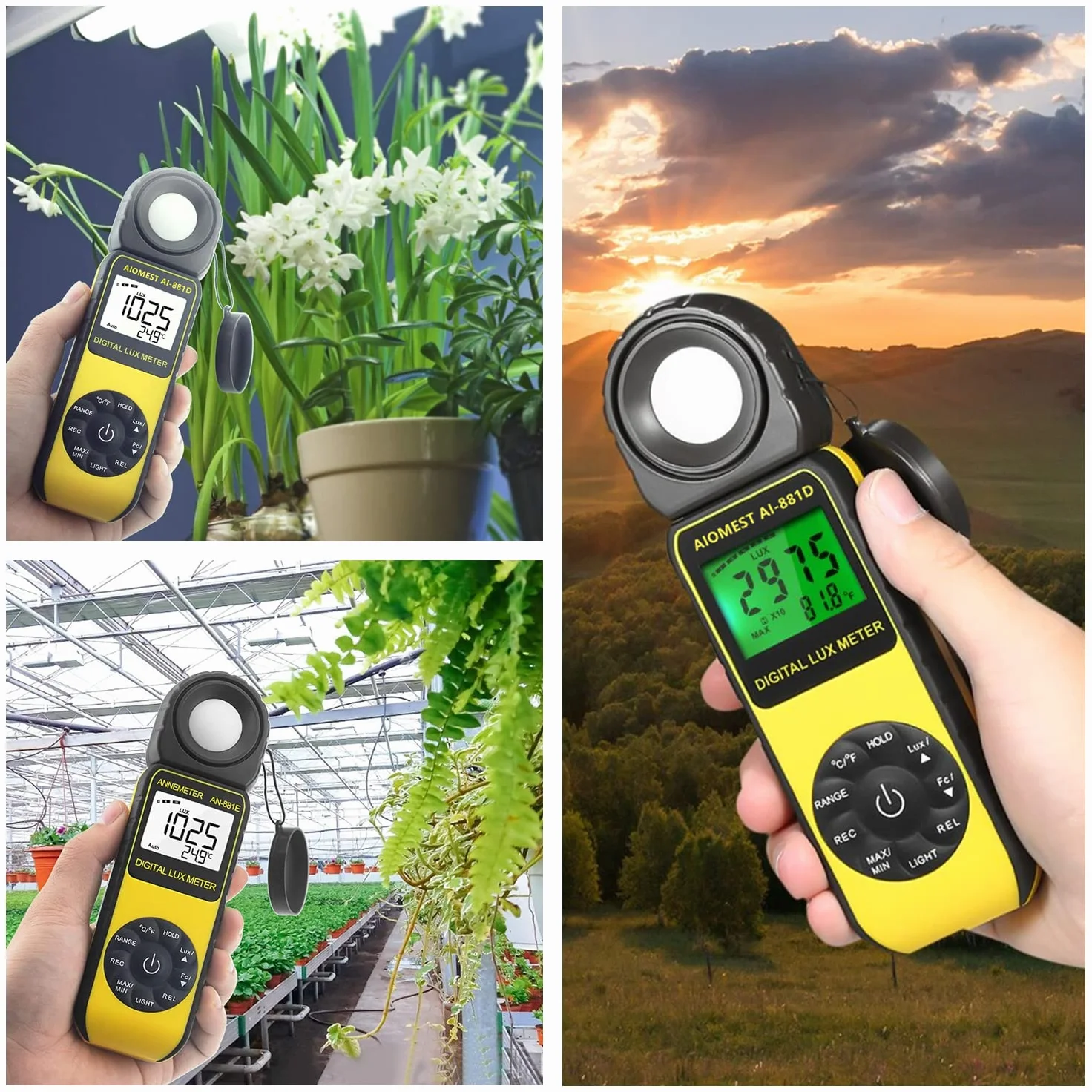AIOMEST Luxmetro Digitale Portatile, Rilevatore di 0,01~400.000 Lux Rotante, Misuratore di Illuminamento a 270° per Luce di Crescita Delle Piante, Luci esterne per Interni, Acquario, AI-881D, Giallo