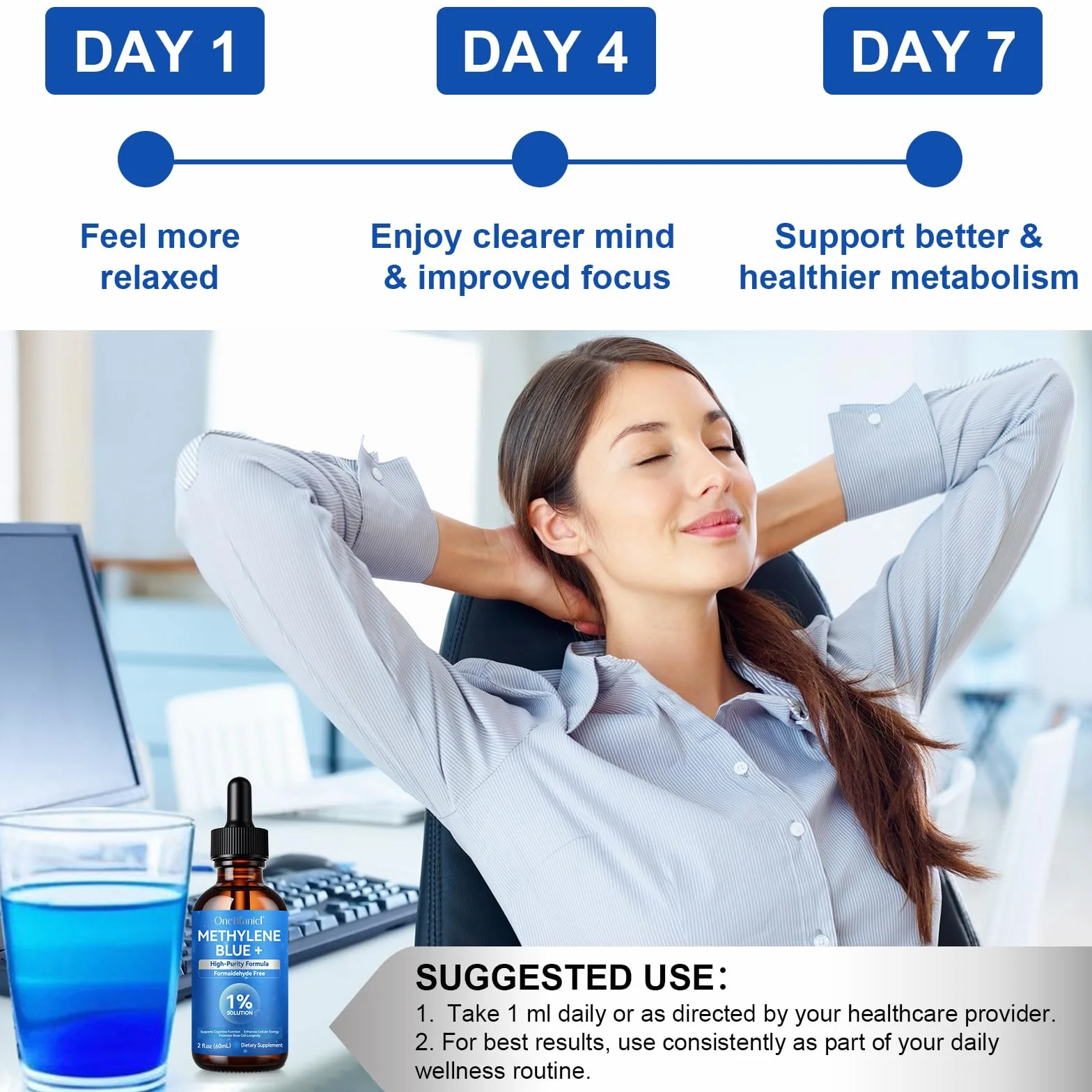 Methylene Blue 1% 60ml con Vitamina C & Stevia, Purezza Ultra Elevata, Testato in Laboratorio