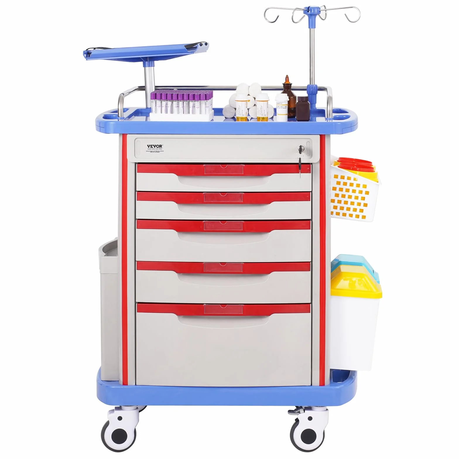 VEVOR Carrello da Laboratorio 5 Ripiani con Cassetti e Ruote Silenziose, PP, Blu