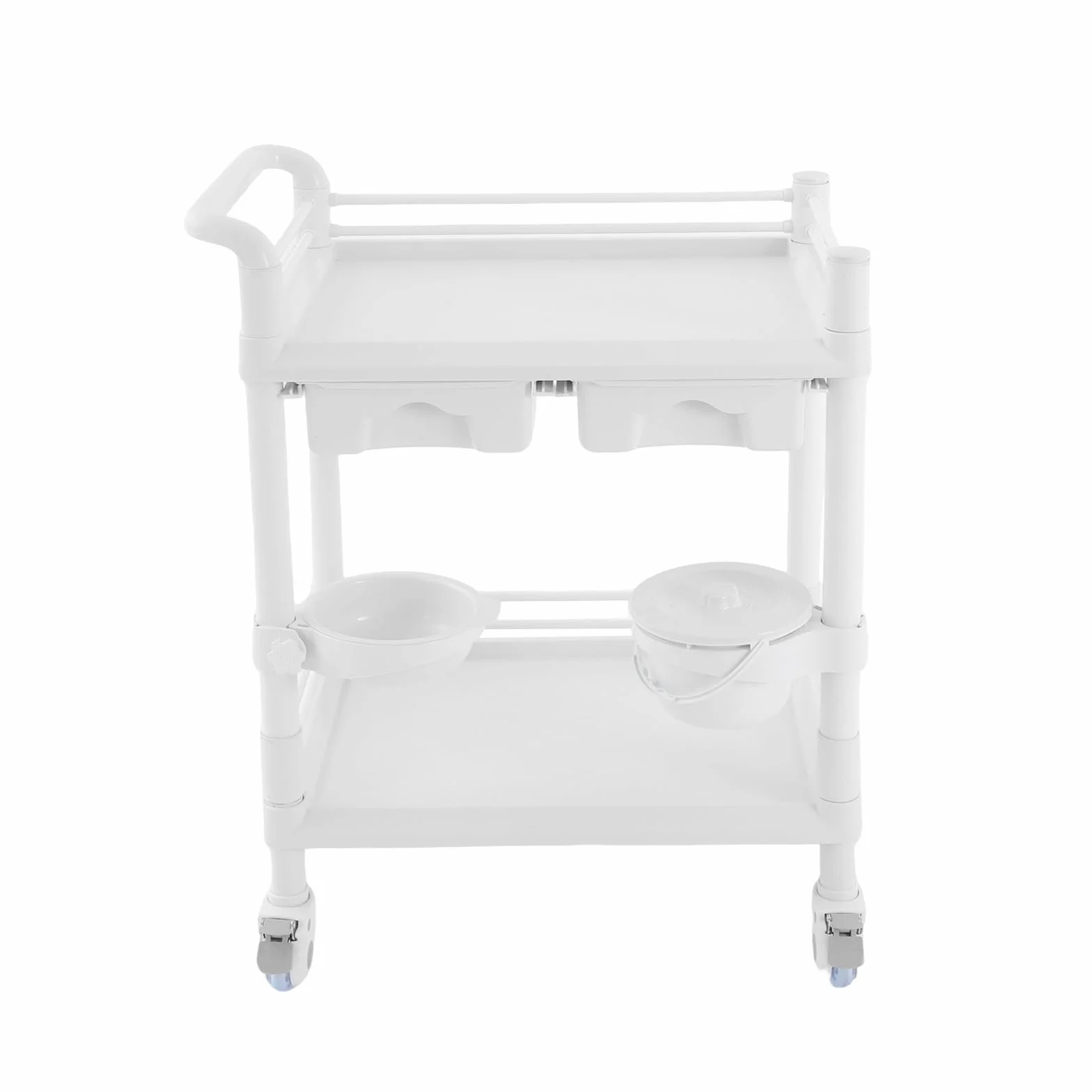 OUKANING Carrello medico con 2 cassetti e ruote dei freni, carrello da laboratorio arrotolabile in ABS, portata 90 kg, 64,5 x 44,5 x 90 cm, bianco multifunzionale per ospedale, studio cosmetico e