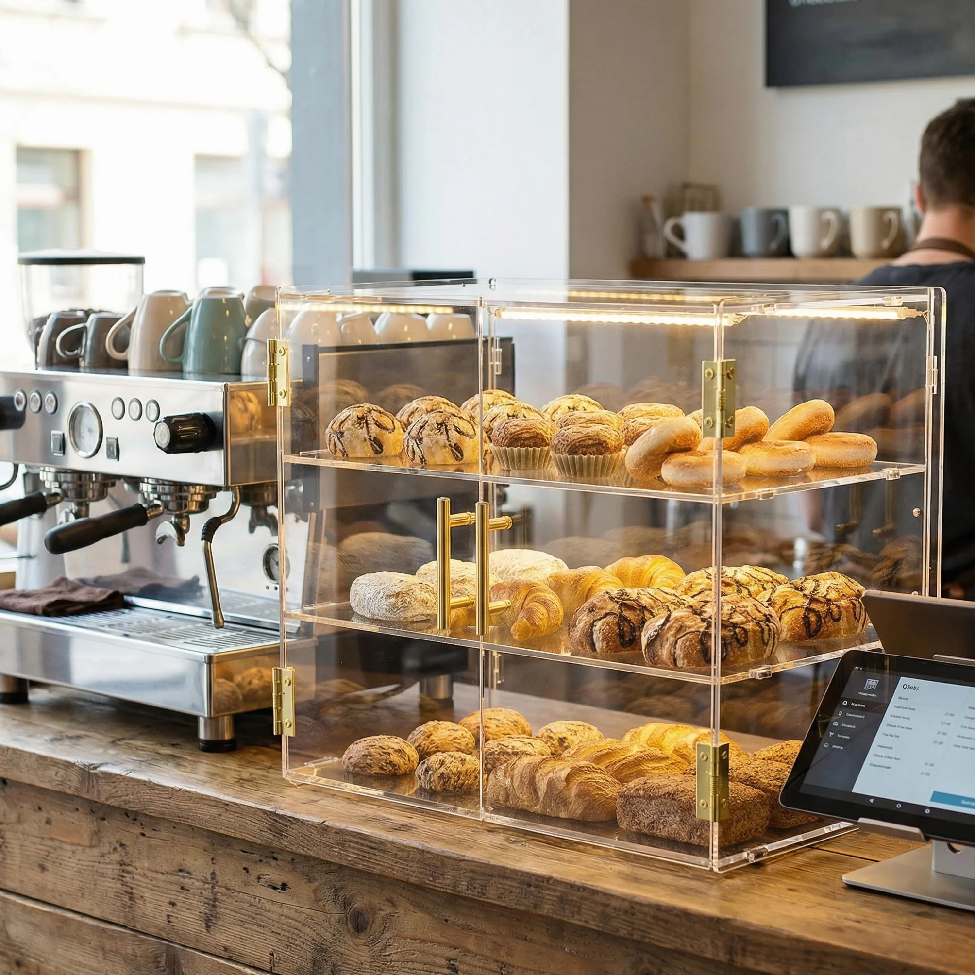 Vetrina da banco a 3 livelli con sportello automatico elastico, 49,5 x 37,8 x 26,2 cm, vetrina per pasticceria in acrilico, per pane, dessert, biscotti