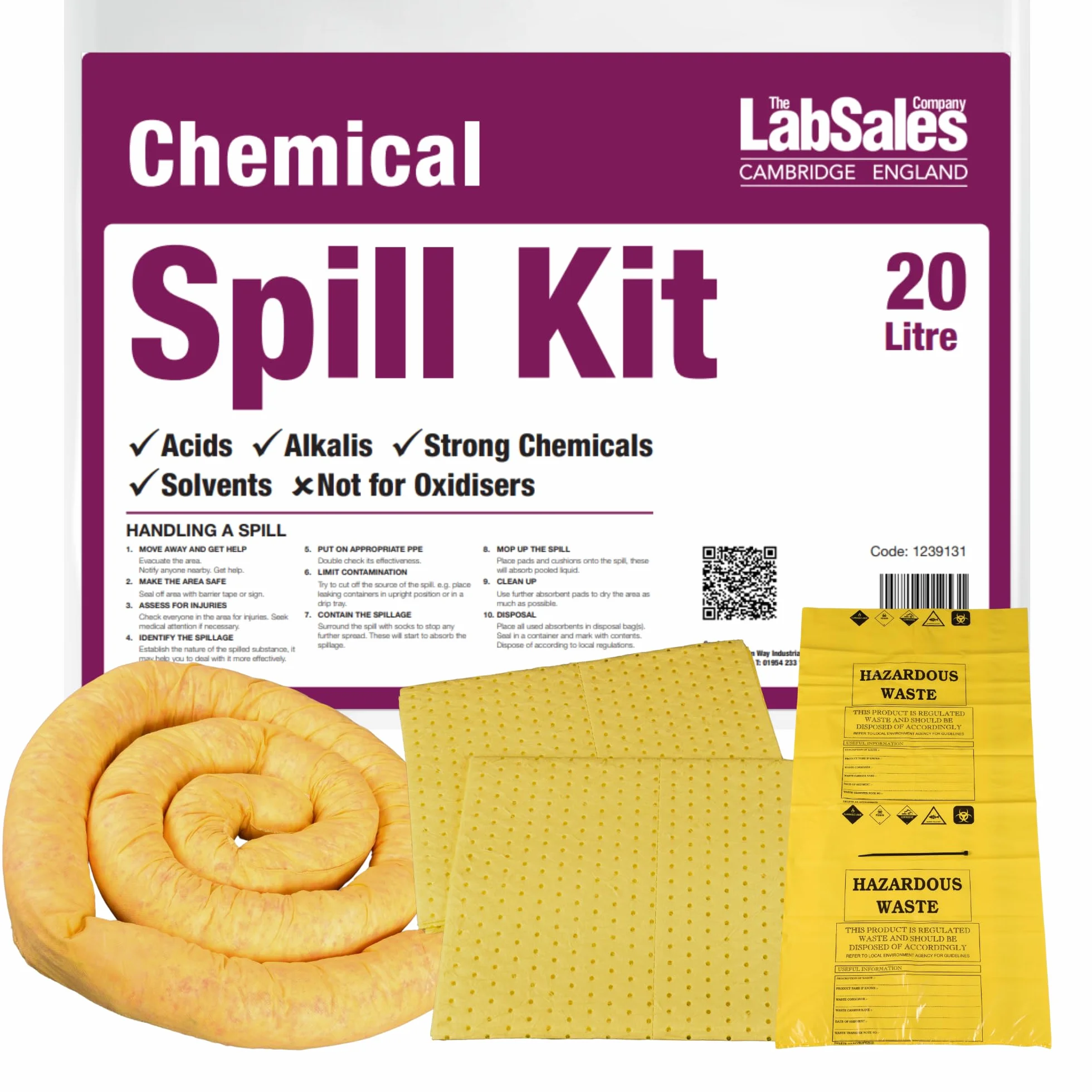 Labsales - Kit per fuoriuscite di sostanze chimiche da 20 l, con cuscinetti super assorbenti, calzini e sacchetto per lo smaltimento, adatto per acidi, alcali, sostanze chimiche forti e solventi,