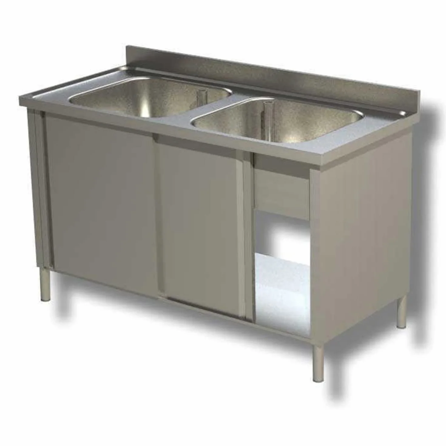 Ristoattrezzature Lavello Armadiato in Acciaio Inox - Professionale, per Cucine Ristoranti e Pizzerie - 2 Vasche 2 Porte Scorrevoli - 100x60x85h cm