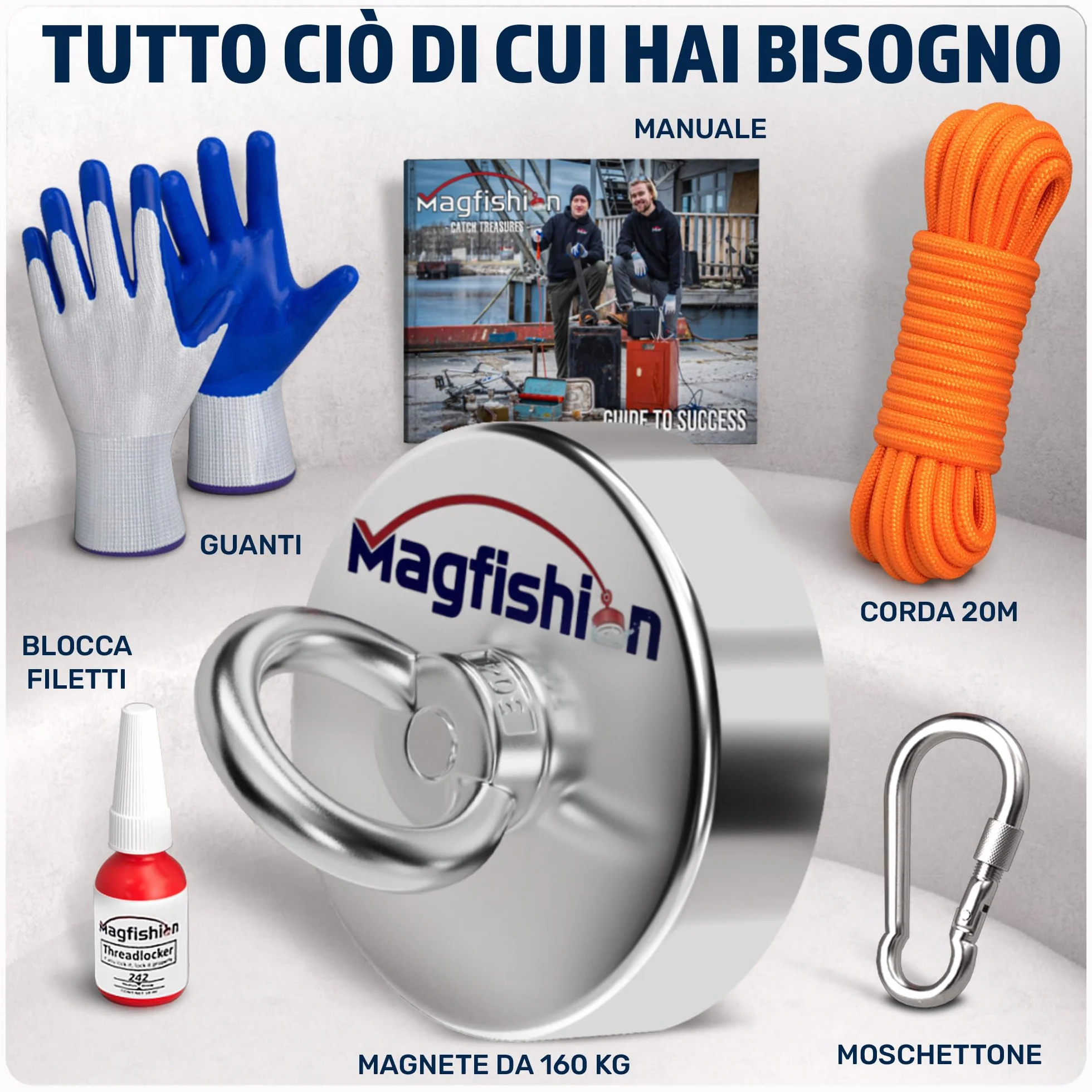 MAGFISHION Calamita Potente - Set di Magnete da Pesca - Forza di Trazione 160KG - Ø60mm - Magneti al Neodimio - Calamite Potenti con Corda (20M) & Guanti - Magnet Fishing