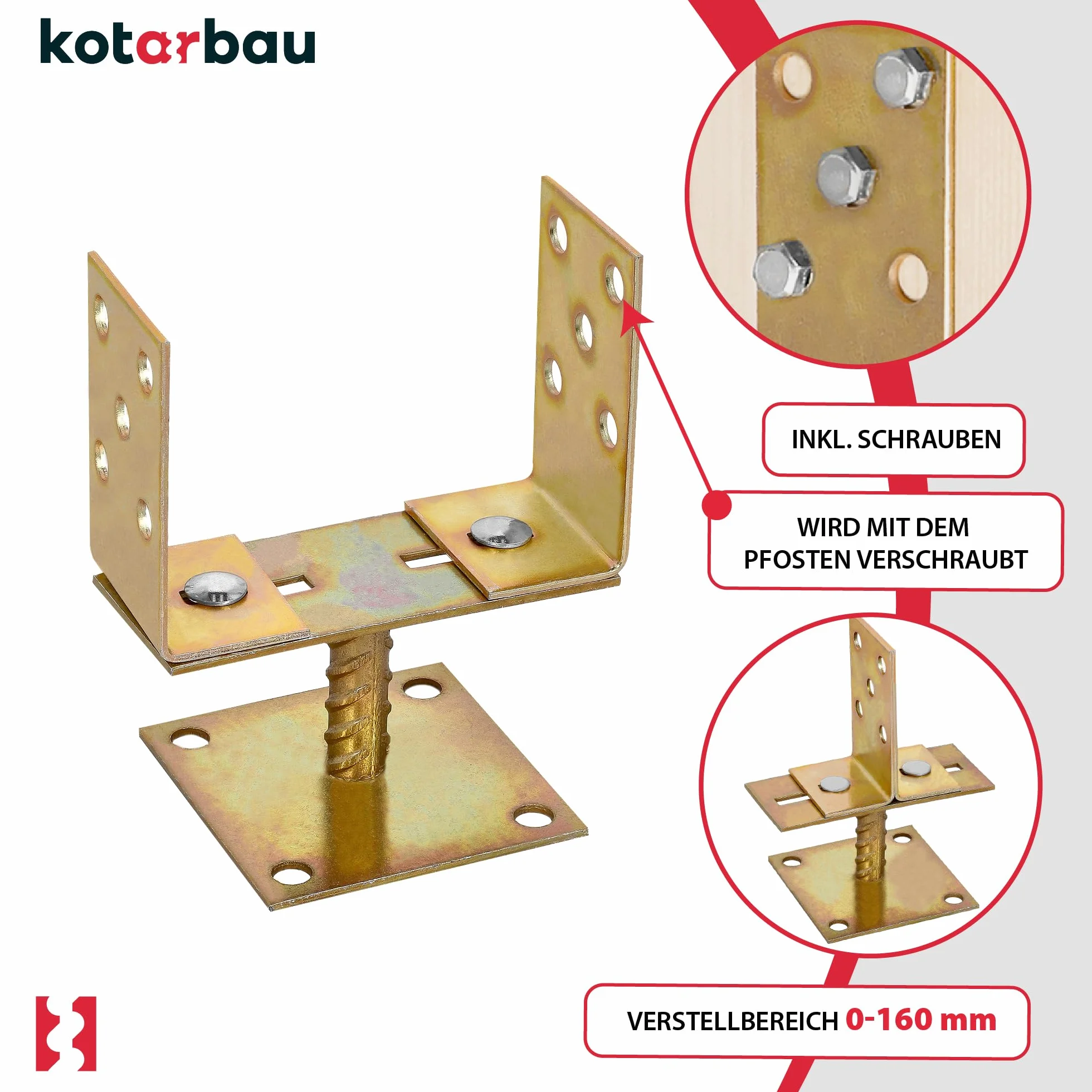 KOTARBAU® 4 szt. Supporti Regolabili Acciaio Zincato 0-160 mm Staffe per Pali Legno