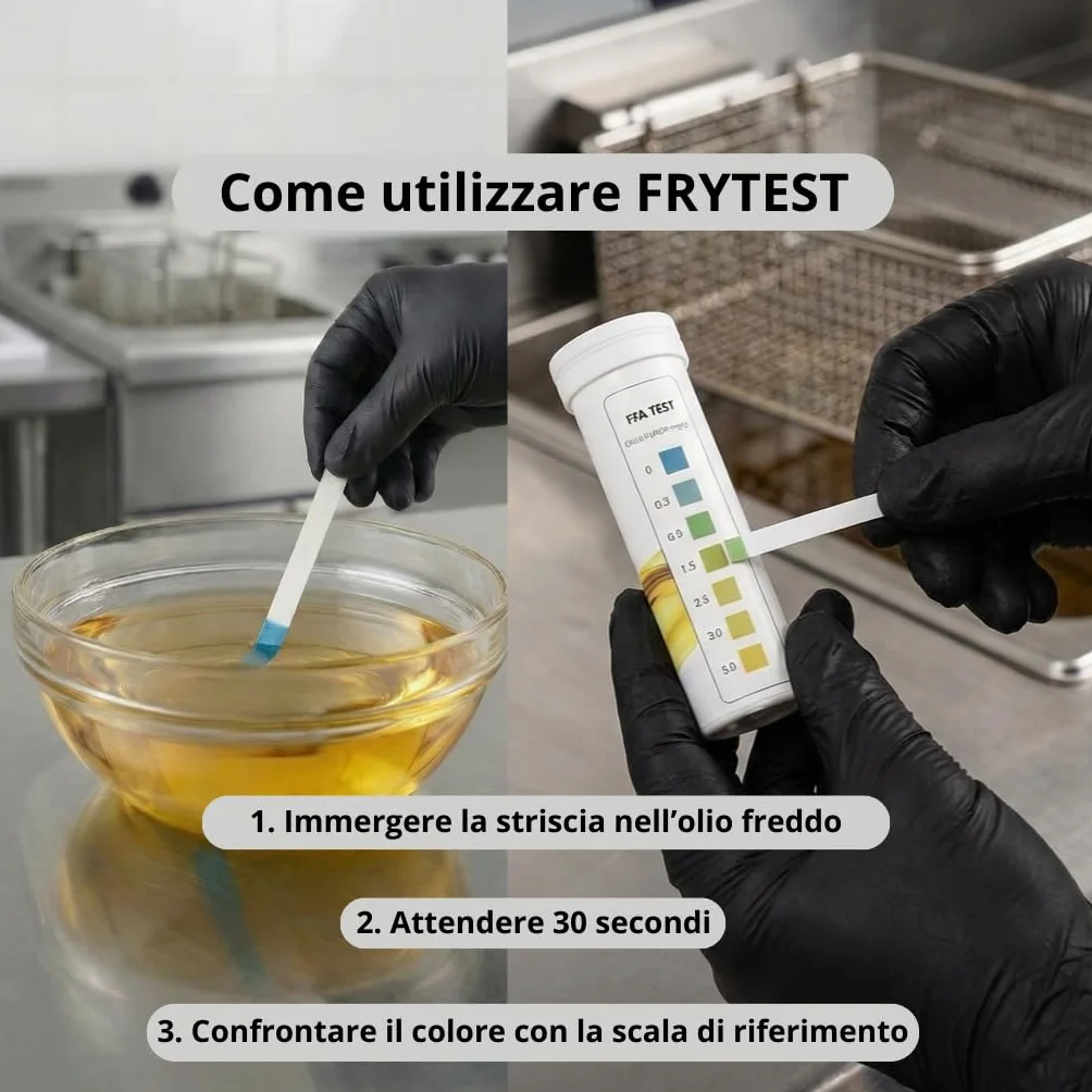 Strisce Test Olio Frittura FFA – Misuratore Acidità Olio (anche Olio di Oliva) – Controllo Qualità HACCP – 100 Strisce – Produzione Certificata ISO 9001