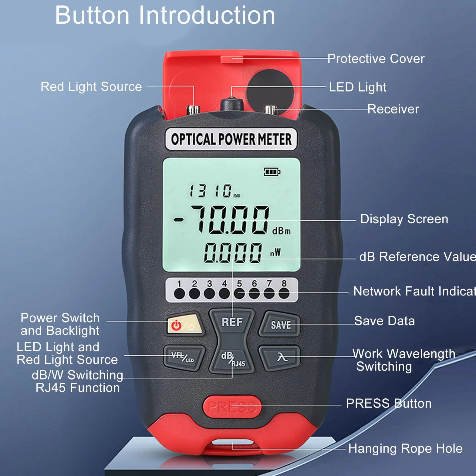 Tester per fibra ottica, tester di rete luminosa a LED Misuratore di potenza in fibra ottica ad alta precisione Ampia applicazione per test (da -70 a +10dBm)