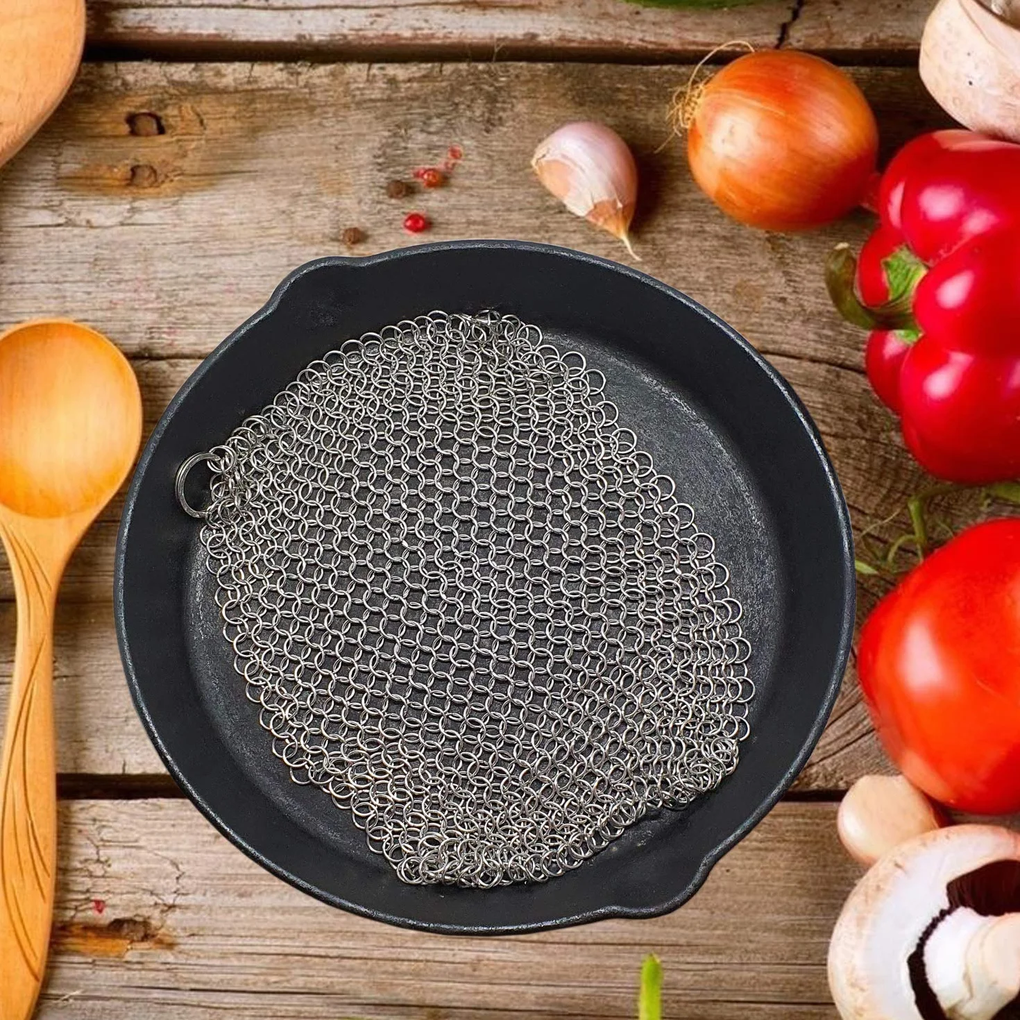 Paglietta Abrasiva in Acciaio Inossidabile per la Pulizia di Pentole e Padelle in Ghisa (M (18x18cm))