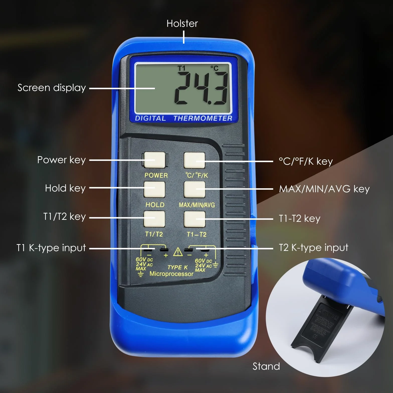 GAIN EXPRESS Termocoppia Tipo K Termometro 4 Sonde Acciaio Inossidabile Doppio Canale Alta Temperatura Kelvin