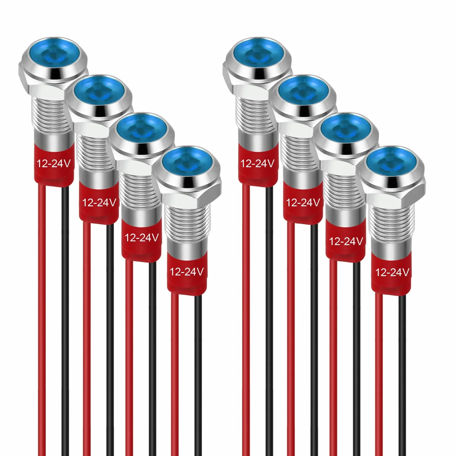 GUUZI 6mm Indicatore LED 12-24V Indicatore Luminoso Impermeabile Pannello in Metallo Indicatore LED Indicatore Luminoso Montaggio a Pannello Testa Piatta con Fili Guscio Argento (Blu, 8 Pezzi)