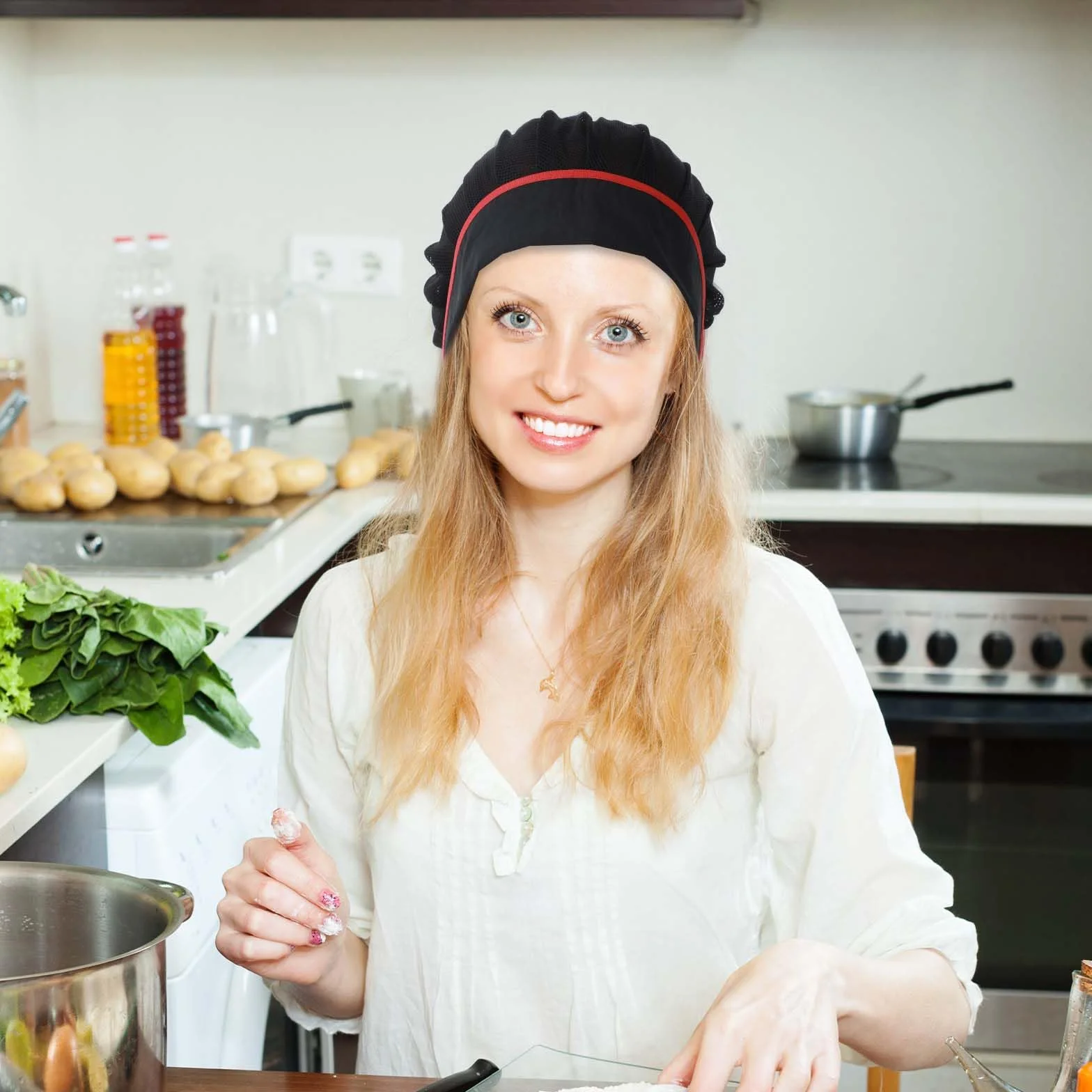 Giantree 3 cappelli da cuoco nero, cappello da cucina elastico regolabile riutilizzabile