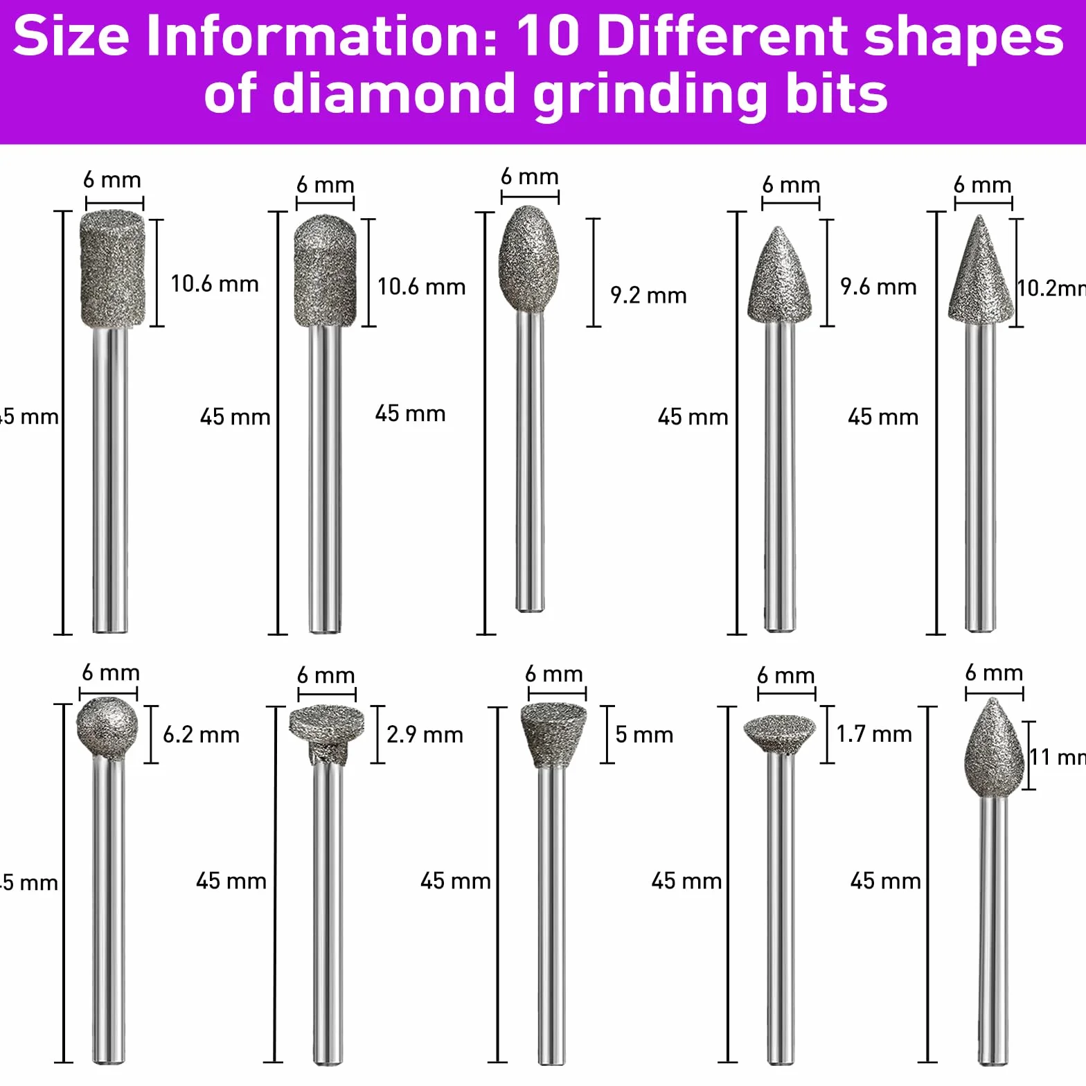 12 pezzi Set di frese diamantate, granulometria 120, frese diamantate per smerigliare, compatibili con utensile rotativo Dremel con codolo da 1/8", adatti per intaglio, levigatura, lucidatura