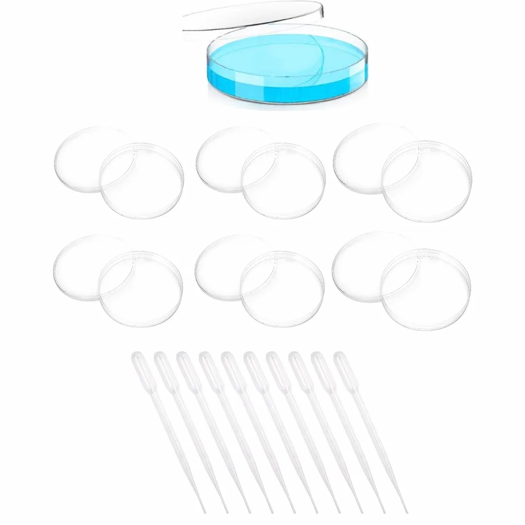 6 Pezzi Piastra di Petri, Piastra di Petri Plastica, Piatti Petri 70mm, Piastre Di Petri In Plastica Sterile con Coperchio, Con 10pzs 1ml Pipette In Plastica, Per Cultura Laboratorio Lievito Batterico