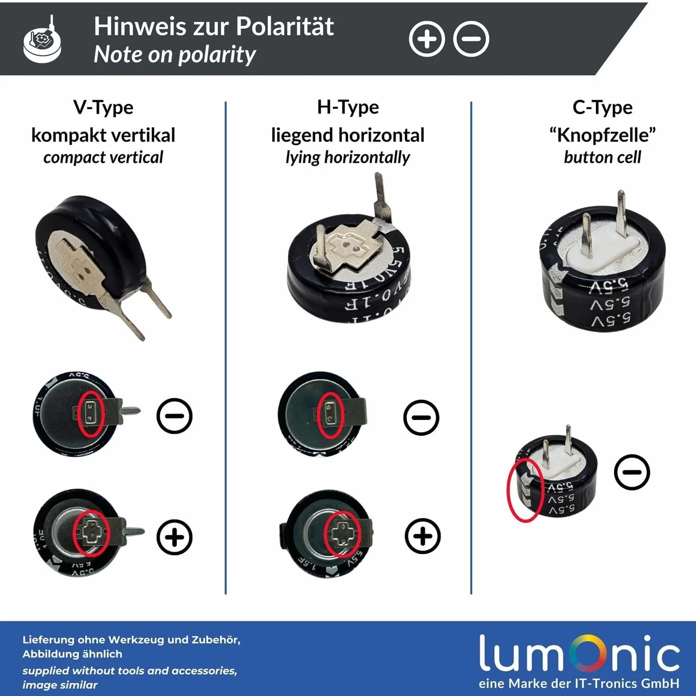 Lumonic Supercap 1,0F 5,5V V-Type EDLC Monoblocco Protezione da sfarfallio Backup PLC Riscaldamento
