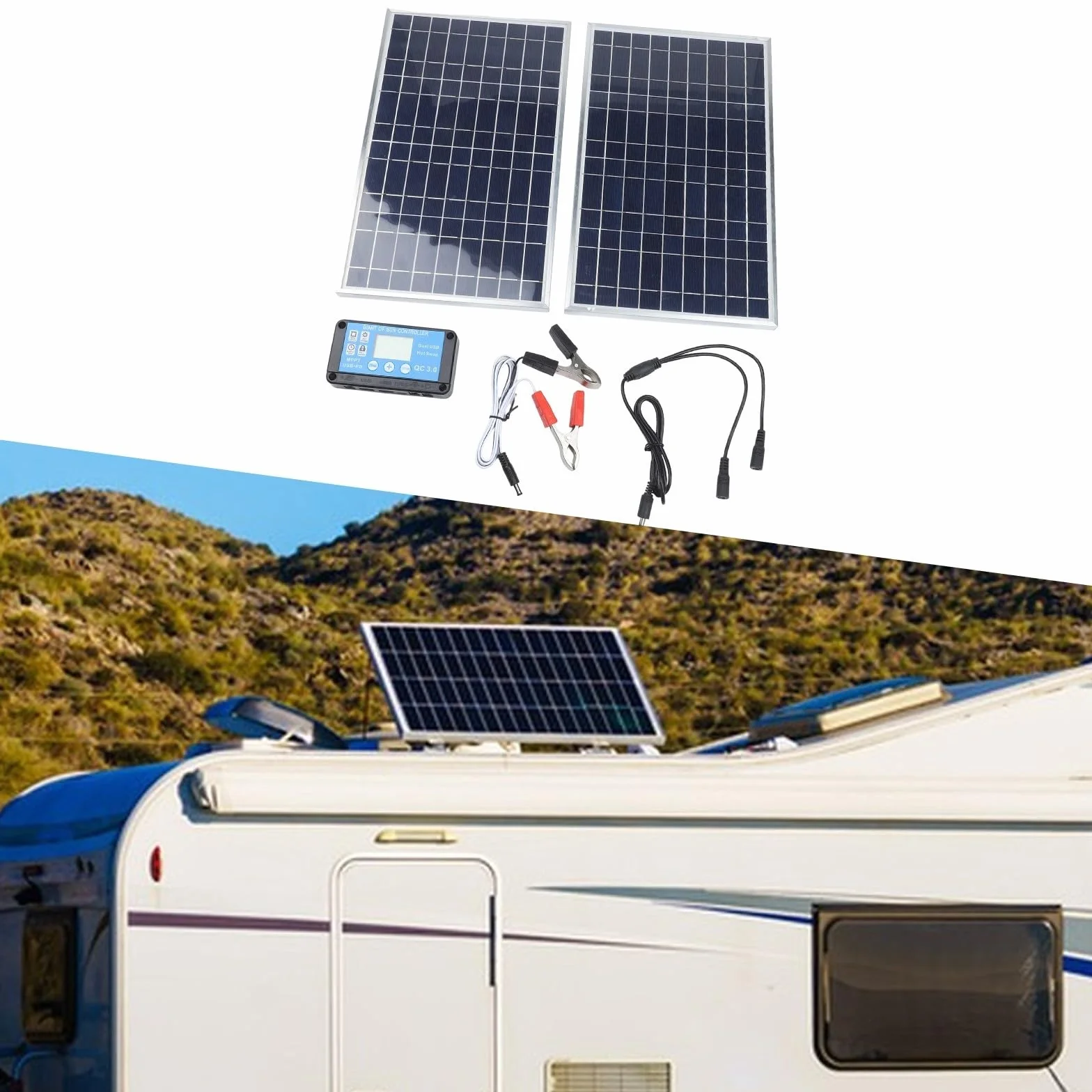 Kit Caricabatterie Solare 200W, 12V, Manutentore di Ricarica Lenta, Caricabatterie per Batteria IP65 Impermeabile per Auto, Barca, Campervan (Doppio)