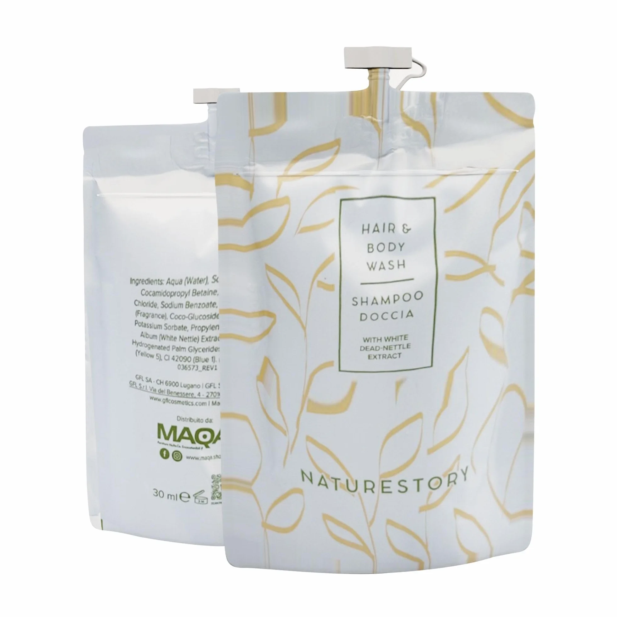 Shampoo Doccia Monodose 30 ml Doypack Richiudibile Linea Cortesia Hotel B&B Estratto Ortica Bianca Delicato Pelli Sensibili Made in Italy Eco Friendly Kit Viaggio Ospiti