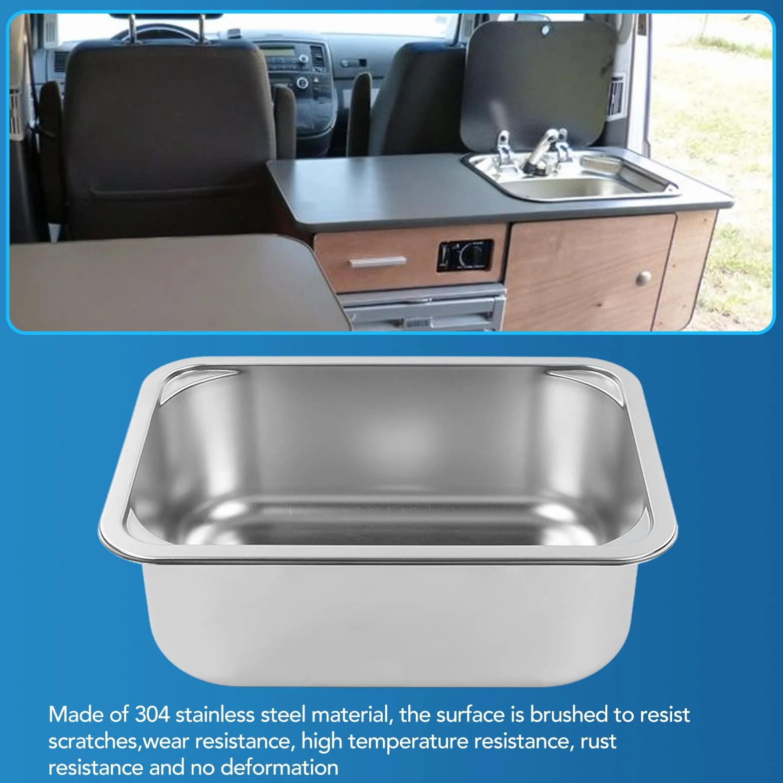 Lavello Quadrato per Camper, Lavello in Acciaio Inox 304 345x245x136mm con Scarico da 40mm per Camper e Yacht
