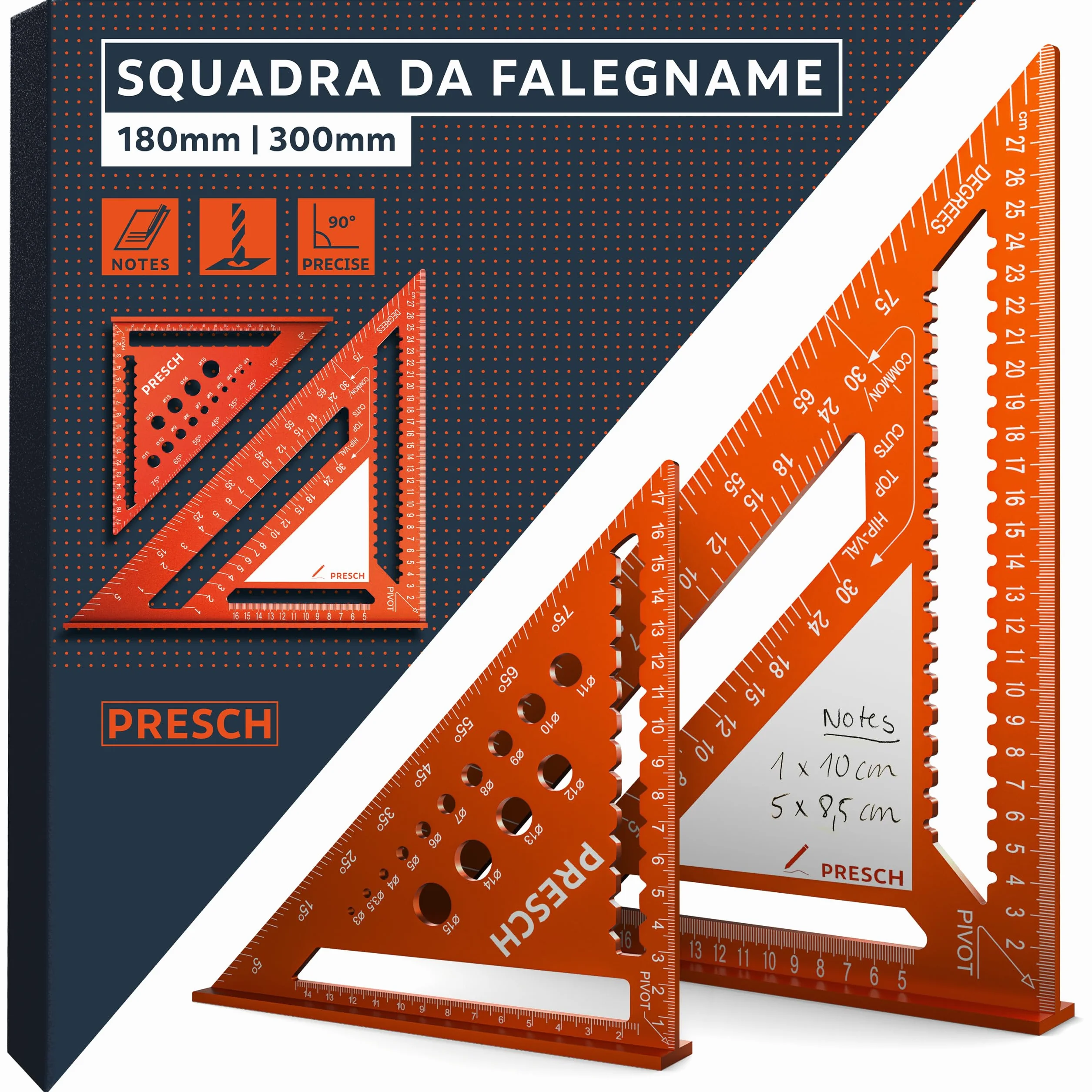 Presch Squadra da falegname Set 180mm 300mm Alluminio fresato ad alta precisione