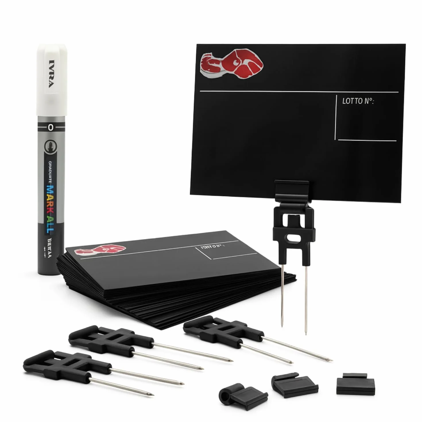Virsus kit 25 Segnaprezzi Cancellabili in PVC di colore Nero 0305, misura 12x8cm + 25 supporti con ago inox con mollette + marcatore bianco per carni (Macelleria)